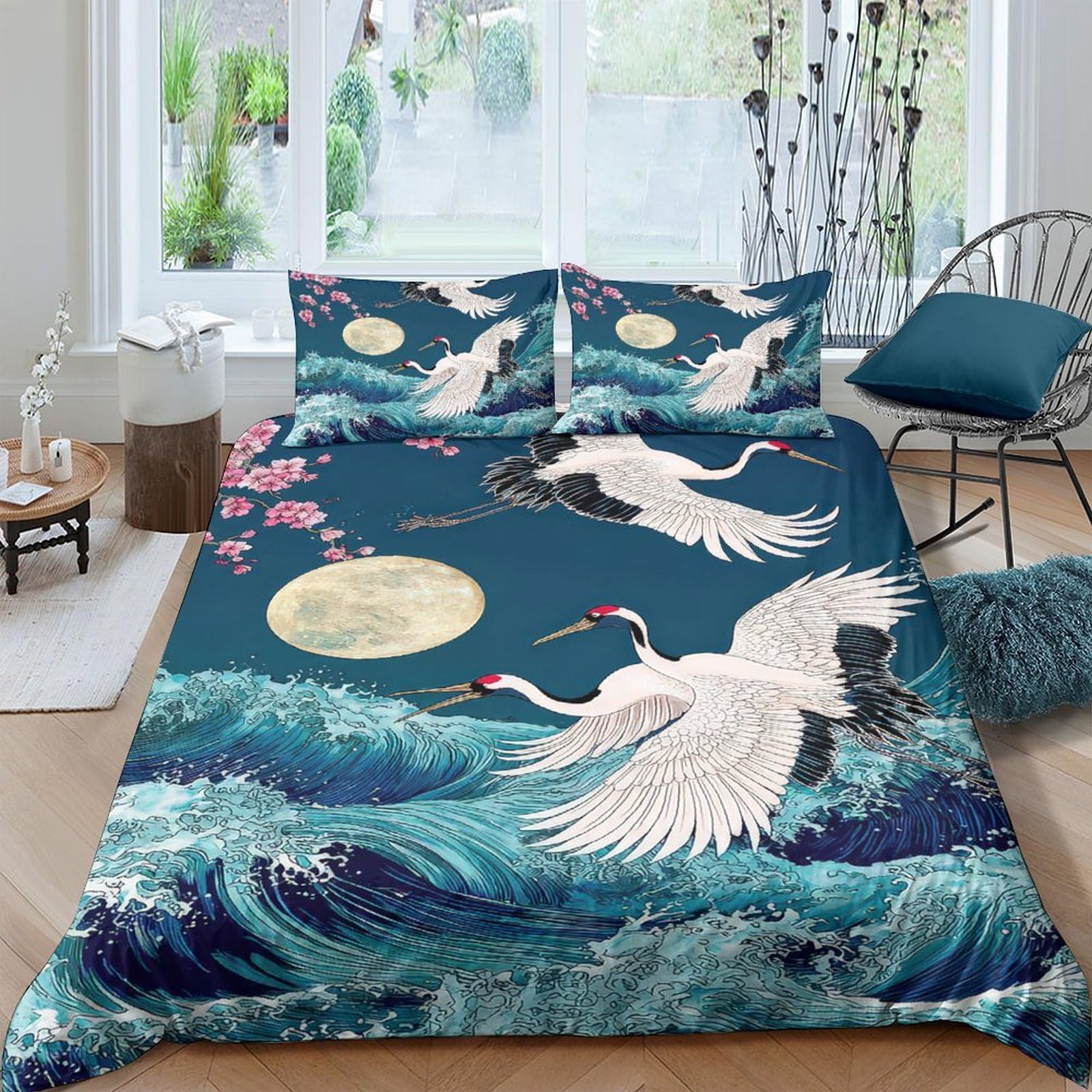 Ctjqhvkz Style-4 3D Printed Crane Moon Fitted Sheet Microfiber Soft Breathable Wave Mattress Cover For Bedroom Guest Room Decor Single（135X200cm）