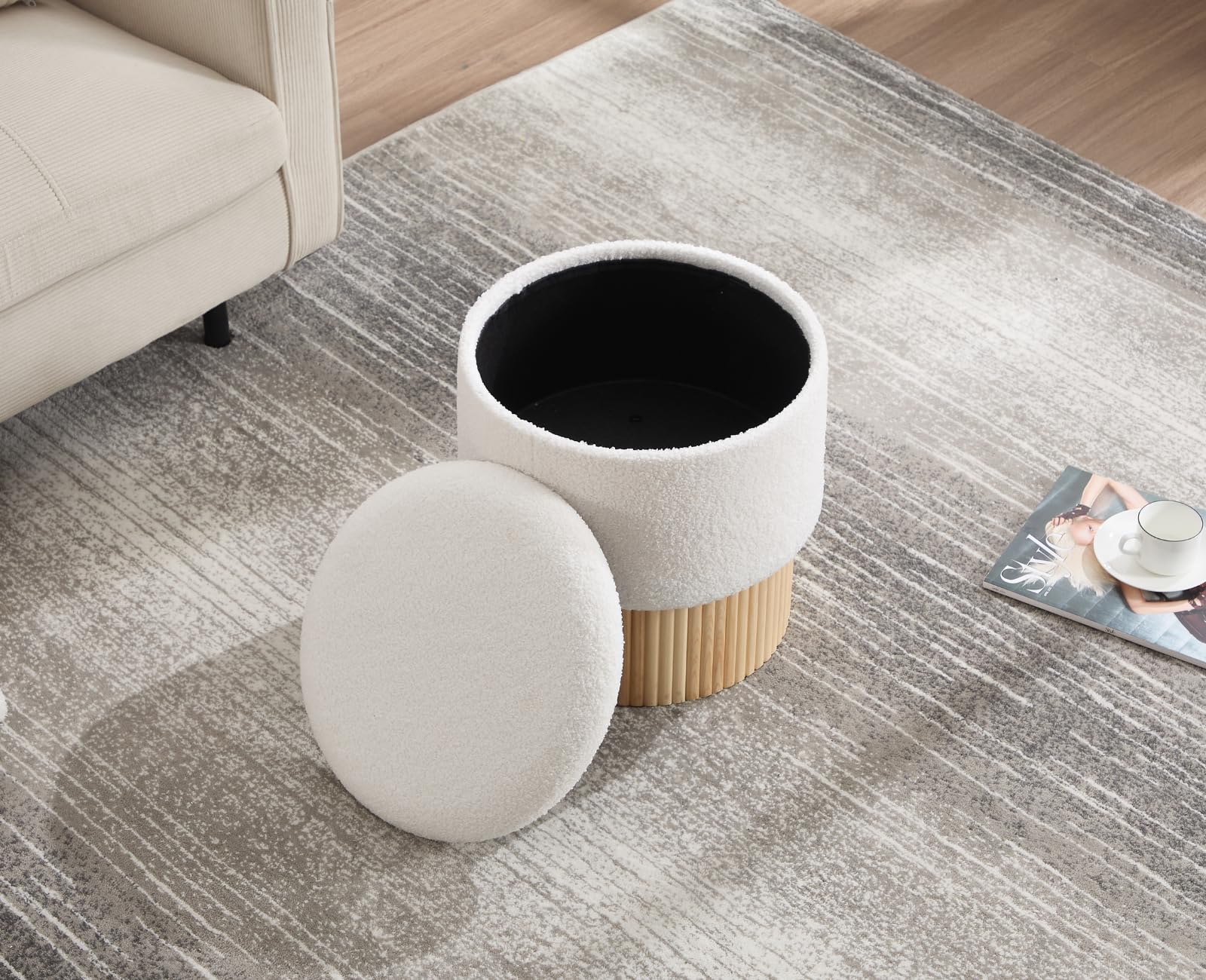 Pouf Contenitore Puff in Pelliccia per Camera da Letto, Bianco | Cassapanca Contenitore Rotonda, Pouf Poggiapiedi Imbottita, Sgabello Contenitore in Legno per Soggiorno/Trucco/Salotto