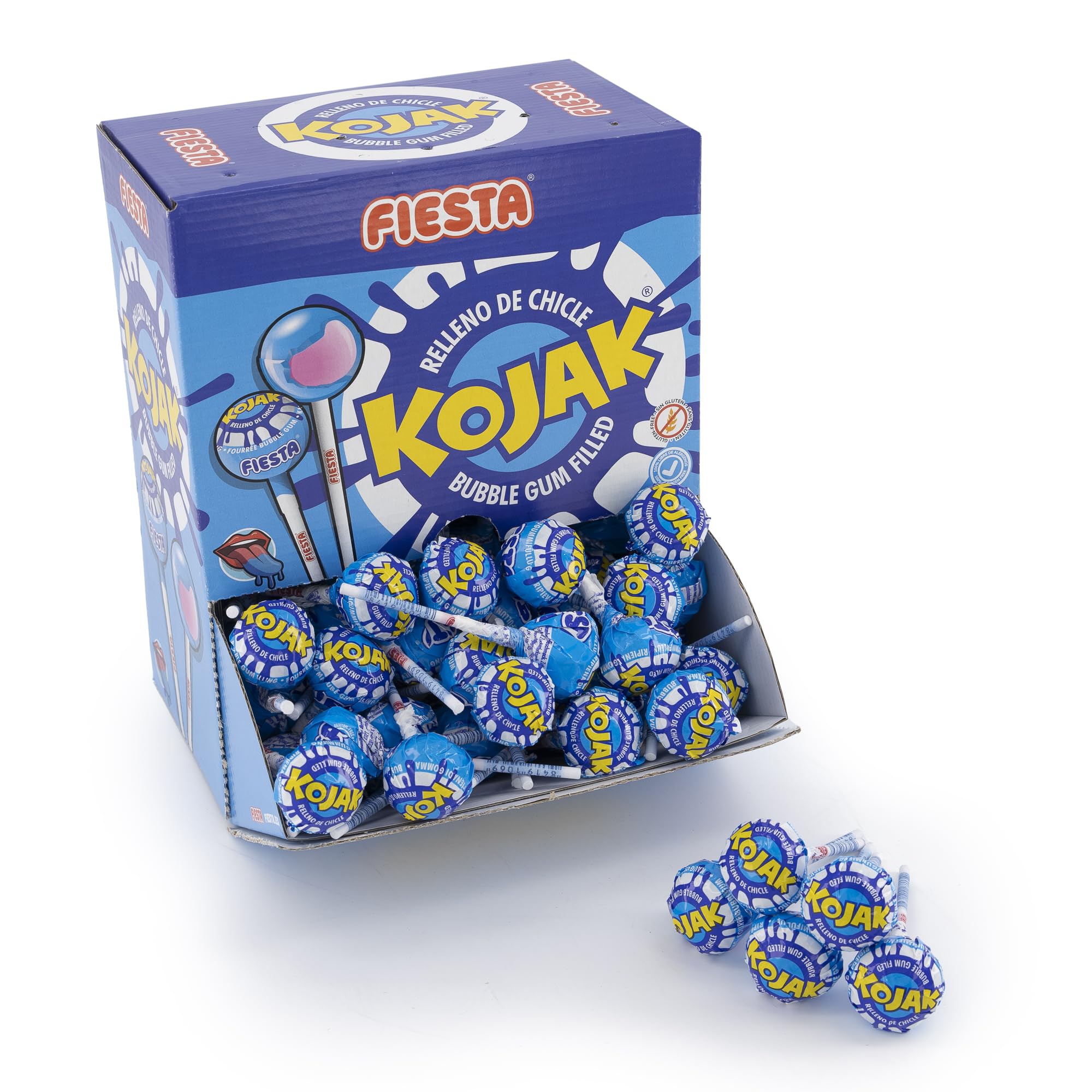 FIESTA Kojak Pintalenguas Caramelo con Palo Sabor Mora Relleno de Chicle - Caja de 100 unidades