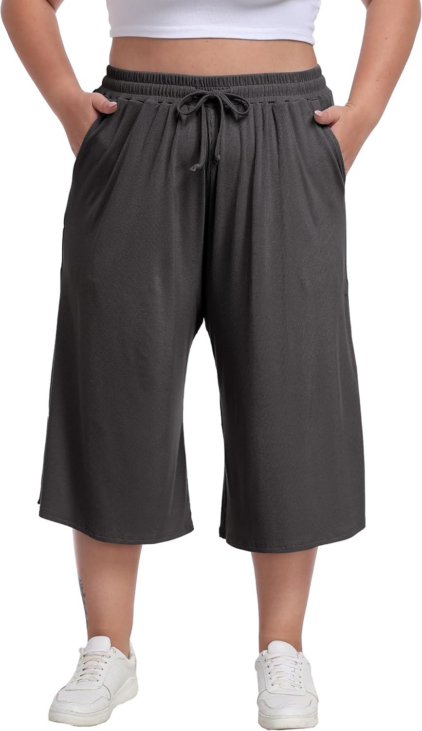 Cheapestbuy Women's Plus Size Wide Leg Capris Summer Palazzo Lounge Cropped Pants Casual Flowy Capri Pants with Pockets - Image 5