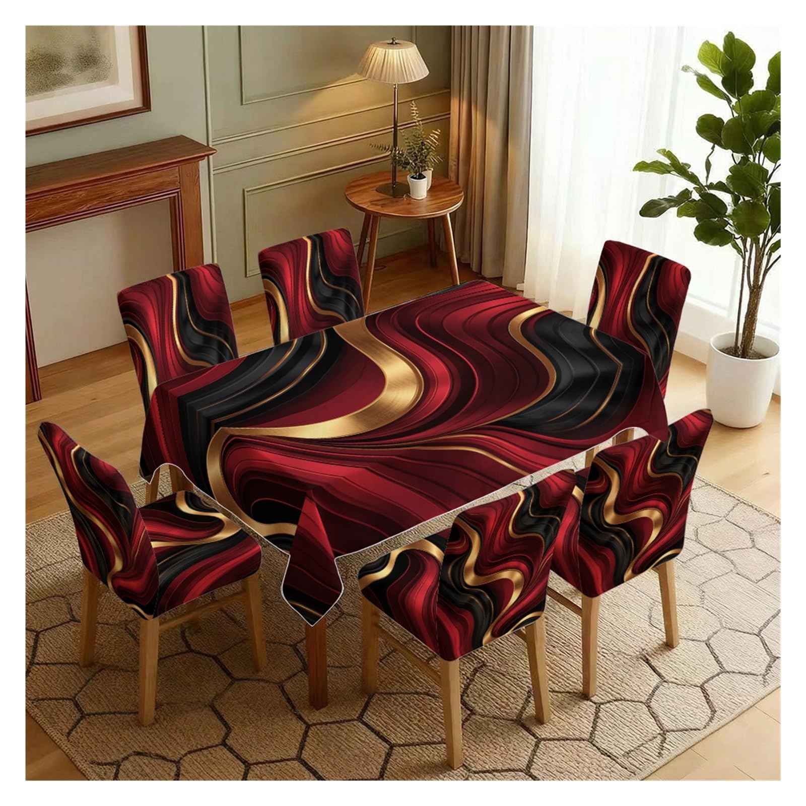 BOSUYBN Abstract Wave Dining Chair Covers With Tablecloth Set, 5/7 Piece Printed Chair Slipcovers For Modern Luxury Dining Setup Table Setting(7pcs Set: Tablecloth+Chair Covers)
