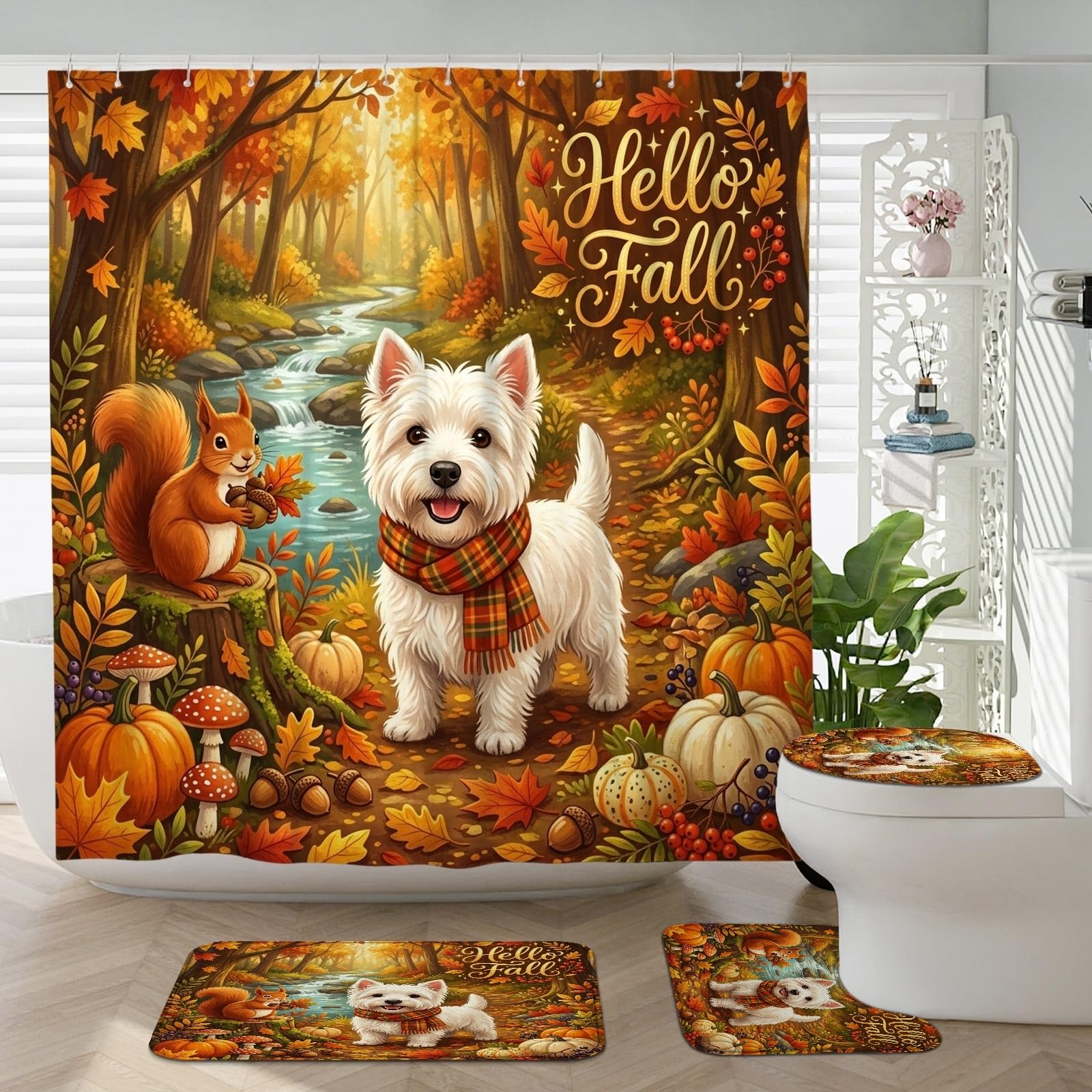 Rideau de douche anti-moisissure et tapis de bain antidérapant Westie
