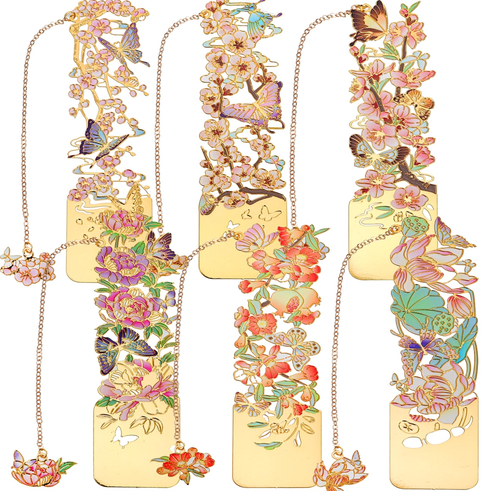 Goaste 6 Pieces Metal Flower Bookmarks, Beautiful Floral Book Mark with Golden Pendant Chain, Exquisite Hollow Bookmarkers Cute for Book Lovers, Writers, Readers, Teachers Students, Gifting (6 Styles)