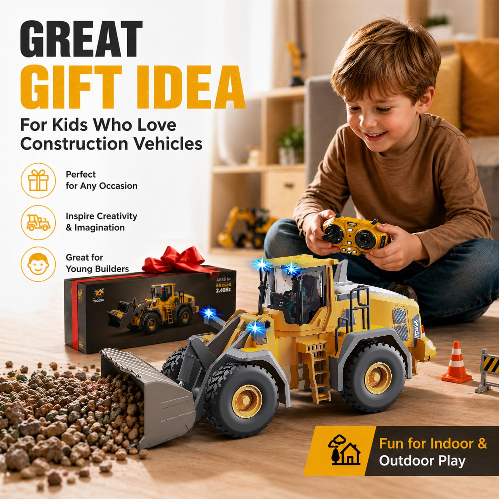 YESHIN Pala gommata telecomandata, 1:20 RC veicolo da cantiere per bambini, escavatore RC a 9 canali con telecomando da 2,4 GHz, lunga durata di gioco, veicolo da cantiere, regalo per bambini dai 3