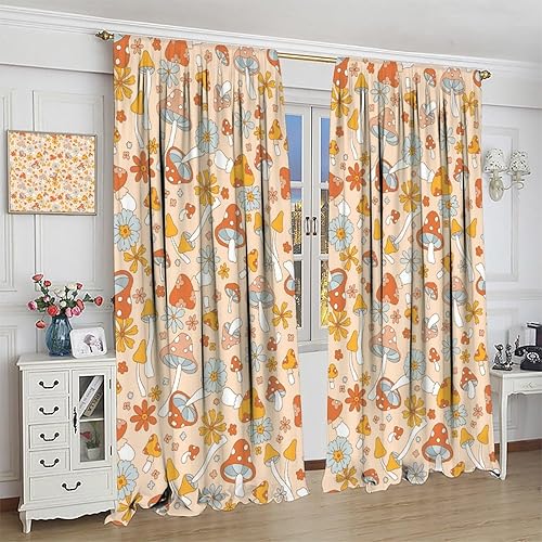 Miniatura 4 de YCness Cortinas de hongos, estilo bohemio, retro, rústico, de los años 70, fantasía hippie bohemia, arte floral, cortinas de ventana impresas para