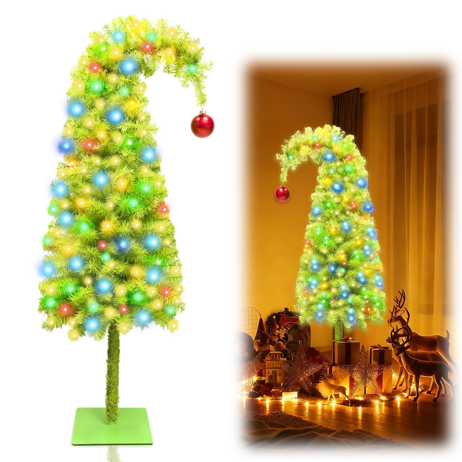 150cm Künstlicher Weihnachtsbaum mit Roter Kugelspitze Lichterkette, pop up decorated weihnachtsbaum mit beleuchtung, grinch Grüner weihnachtsbaum Christmas Tree, für Innen Außen Weihnachtsdeko (Grun)