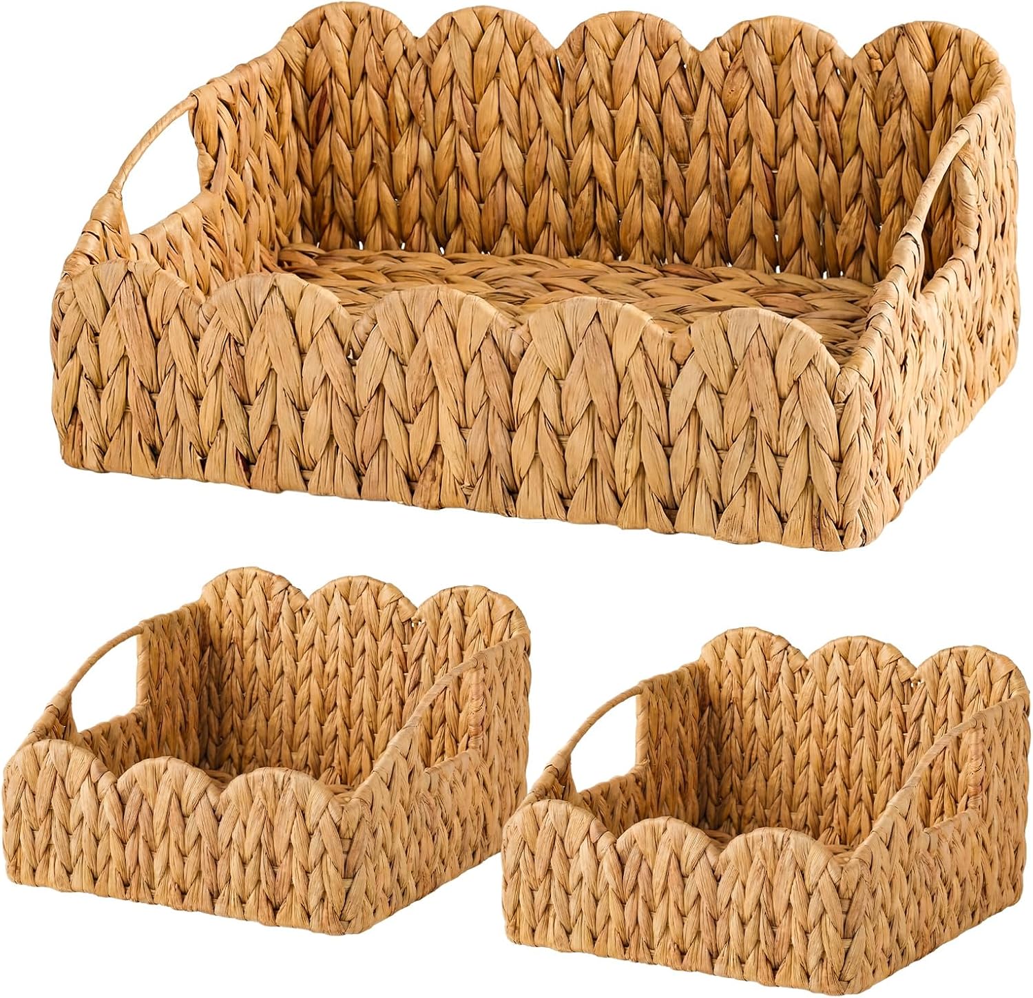 LemonRoad 3 Set Scalloped Wicker Baskets for Storage with Handles, Hand-woven Decorative Laundry Basket Water Hyacinth Rattan Container for Living Room, Book Shelves, Bedroom, Nursery Room
