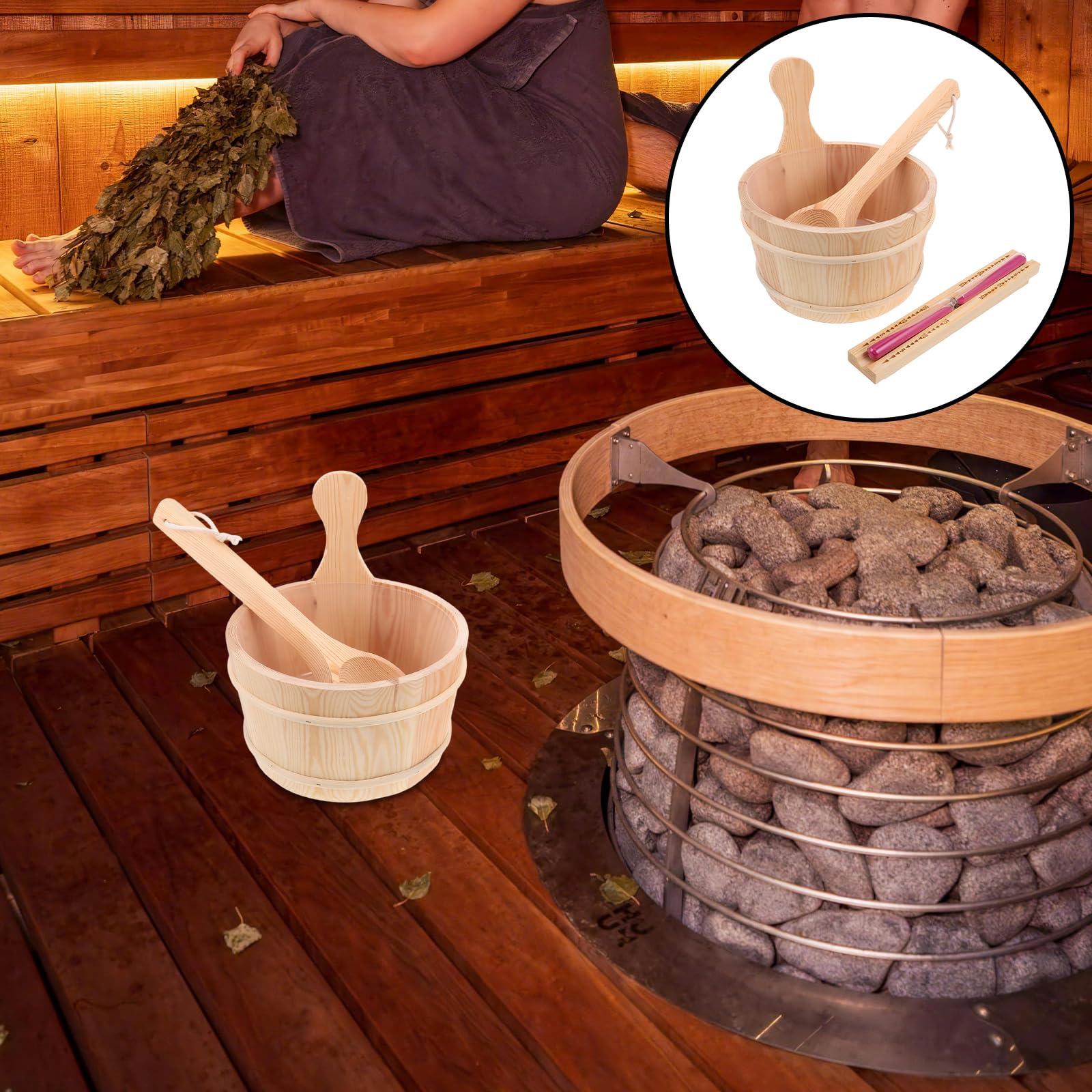 Yardenfun Drewniane Wiadro Do Sauny z Łyżką i Zegarem Piaskowym Ergonomiczne Akcesoria Do Domowej Sauny Łaźni Parowej i Ogrodowego Spa Sztuk