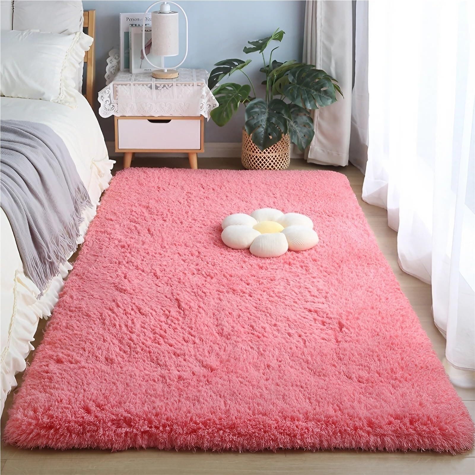 Alfombra moderna y peluda de pelo corto, suave, antideslizante, lavable, para salón, dormitorio o entrada (color rosa, 100 x 200 cm)