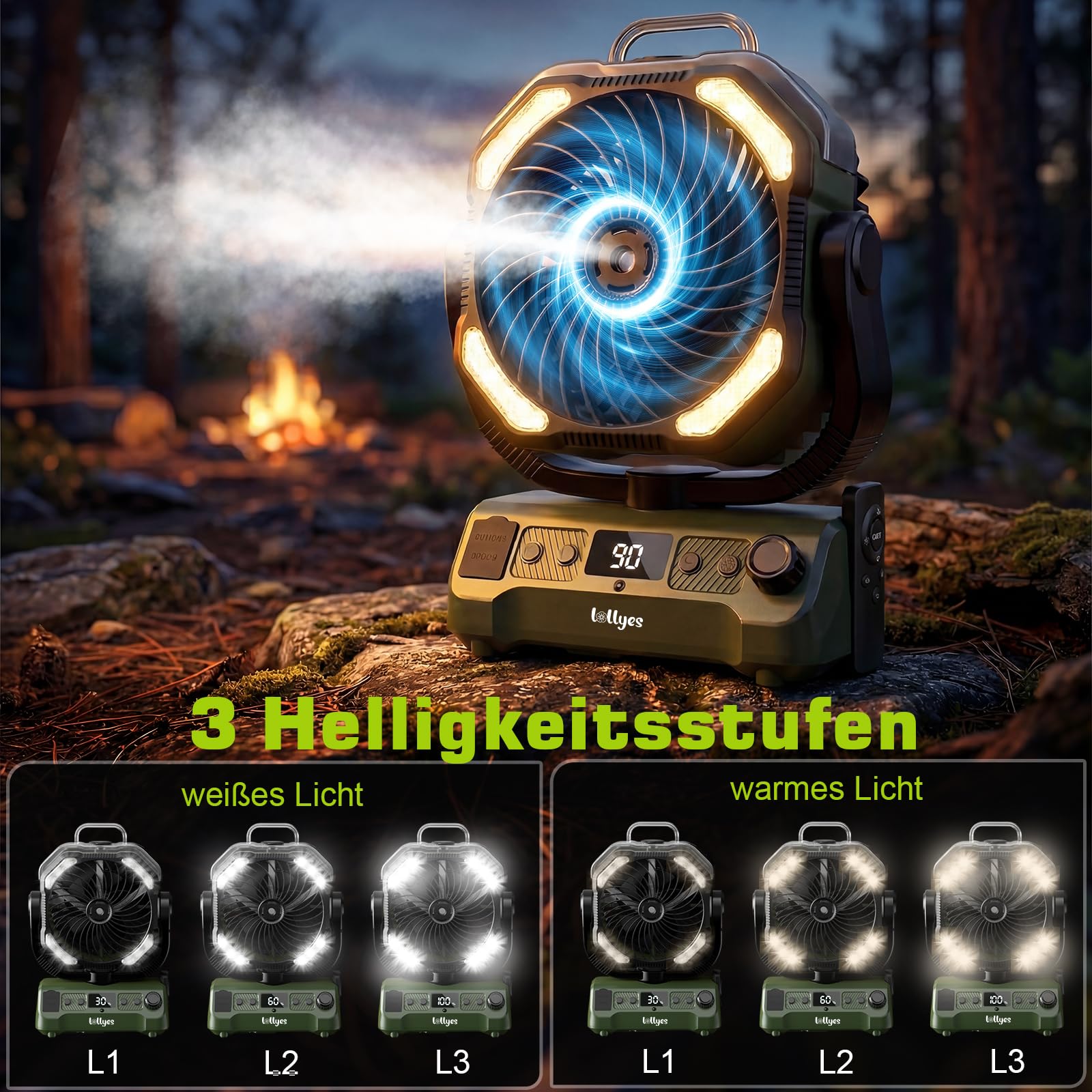 20000mAh Camping Ventilator Akku mit Licht, 0-100 Stufen Regelbar Outdoor Ventilator mit Sprühfunktion & Fernbedienung, Leise Tischventilator mit Timer 360° Haken für Zelt Angel