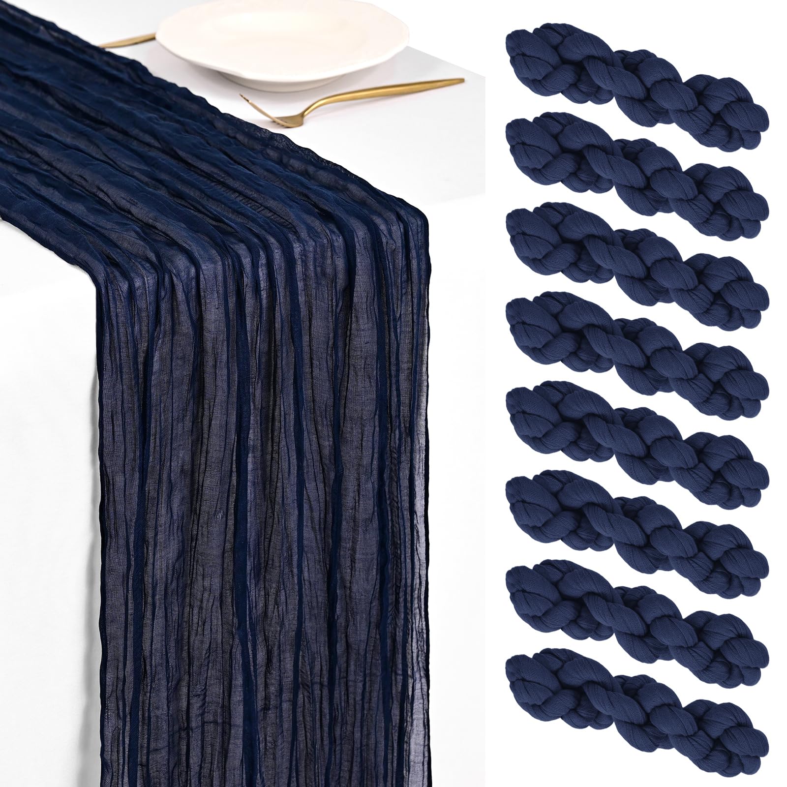 Showgeous 8 Pack Navy Blue Cheesecloth Table Runner 45x275cm Boho Gauze Cheese Cloth Table Runners Romantic Rustic Sheer Table Decorations for Wedding Party Baby Shower Birthday Holiday Home — image 1