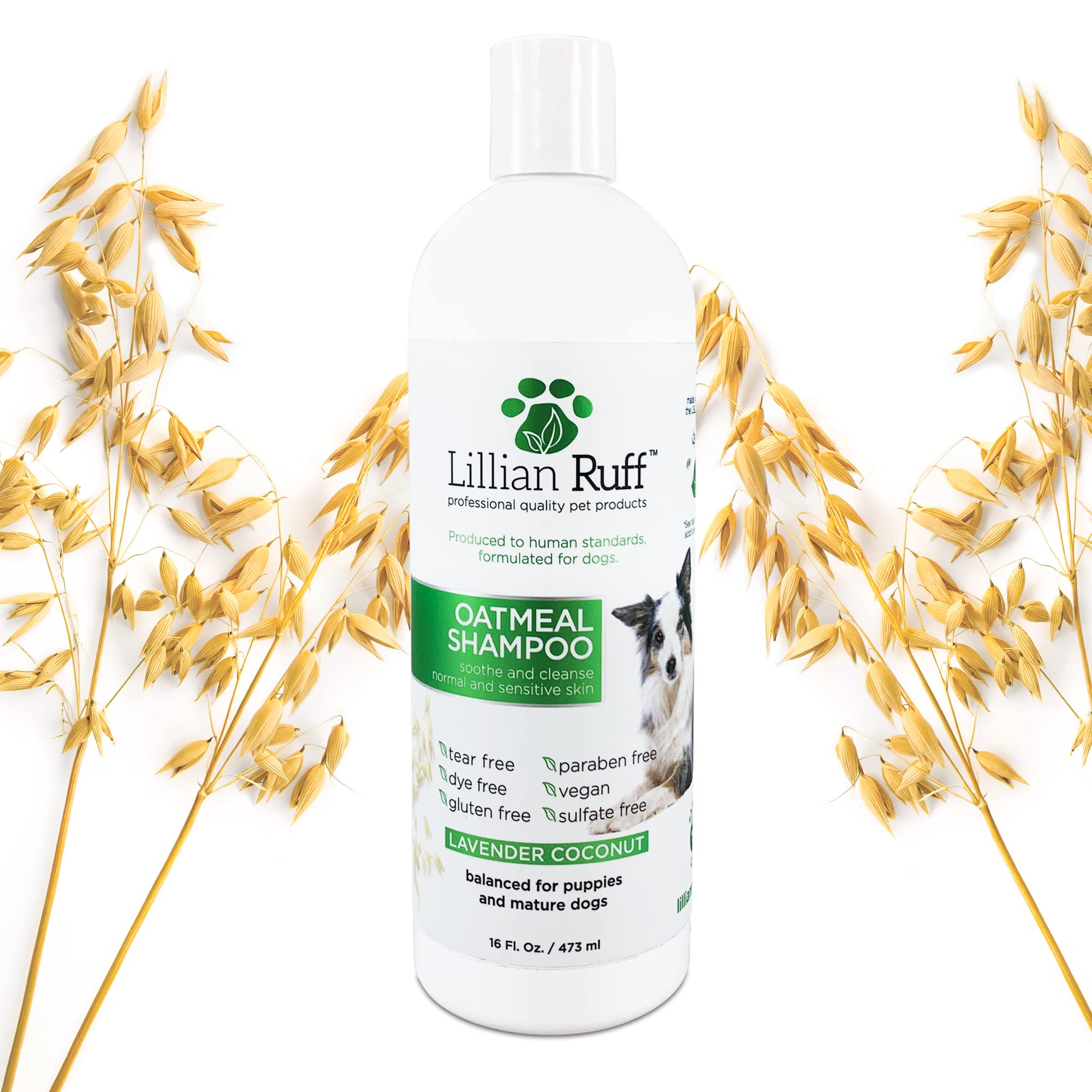 Lillian Ruff PRO Formula Deodorizing Oatmeal Dog Shampoo - Calms Itching & Allergies, Ultra-Nourishing Dry Skin Relief - Oatmeal, Aloe, Coconut Oil, Lavender & Provitamin B5 - Made in USA (16oz)