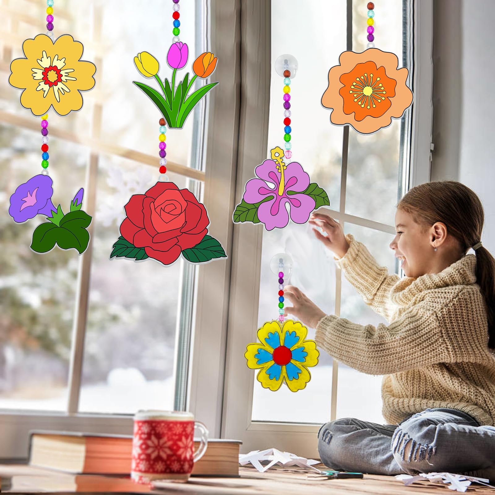 JEKEJIAJIU 24 Pcs 4 Inch Spring Flower Suncatchers Window Art Kits, Flower DIY Suncatchers Craft Kit Make Your Own Suncatcher Paint Floral Sun Catcher Ornamentsfor Easter Spring Party Decoration — view 5