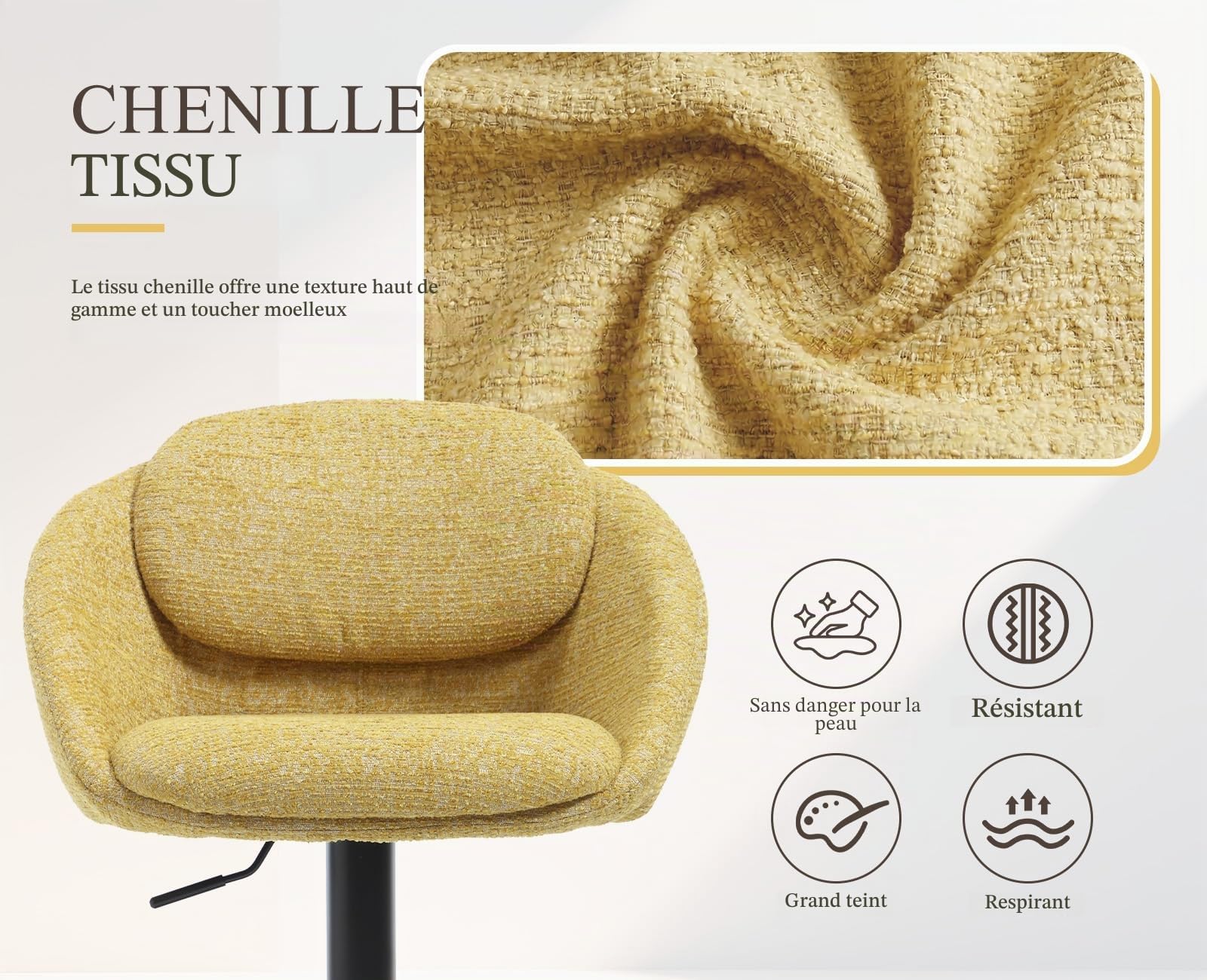 Ya-Home Tabouret de Bar Moderne Pivotant Lot de 2, Jaune | Chaises de Bar en Chenille, Chaise Haute Cuisine Réglable en Hauteur, Tabouret Haut avec Dossier Courbé