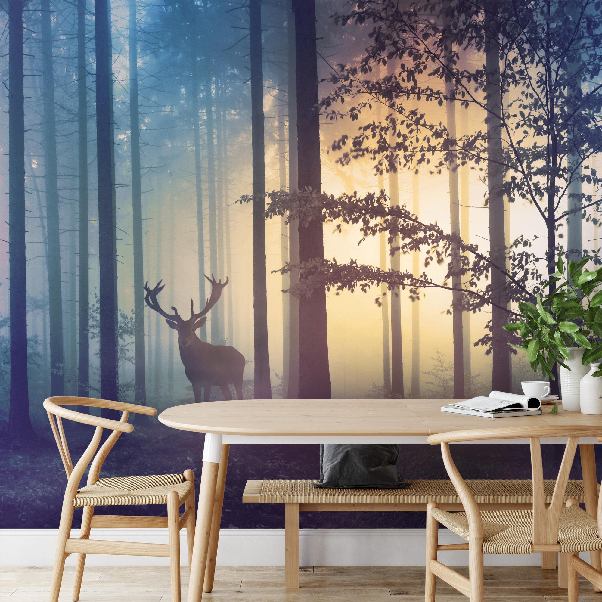 Runa Art Photo Wallpaper Wald Hirsch Fog 352 x 250 cm Non-Woven Wall Art XXL Moderne Living Room Bedroom Yellow Blue 9338011a - Image 4