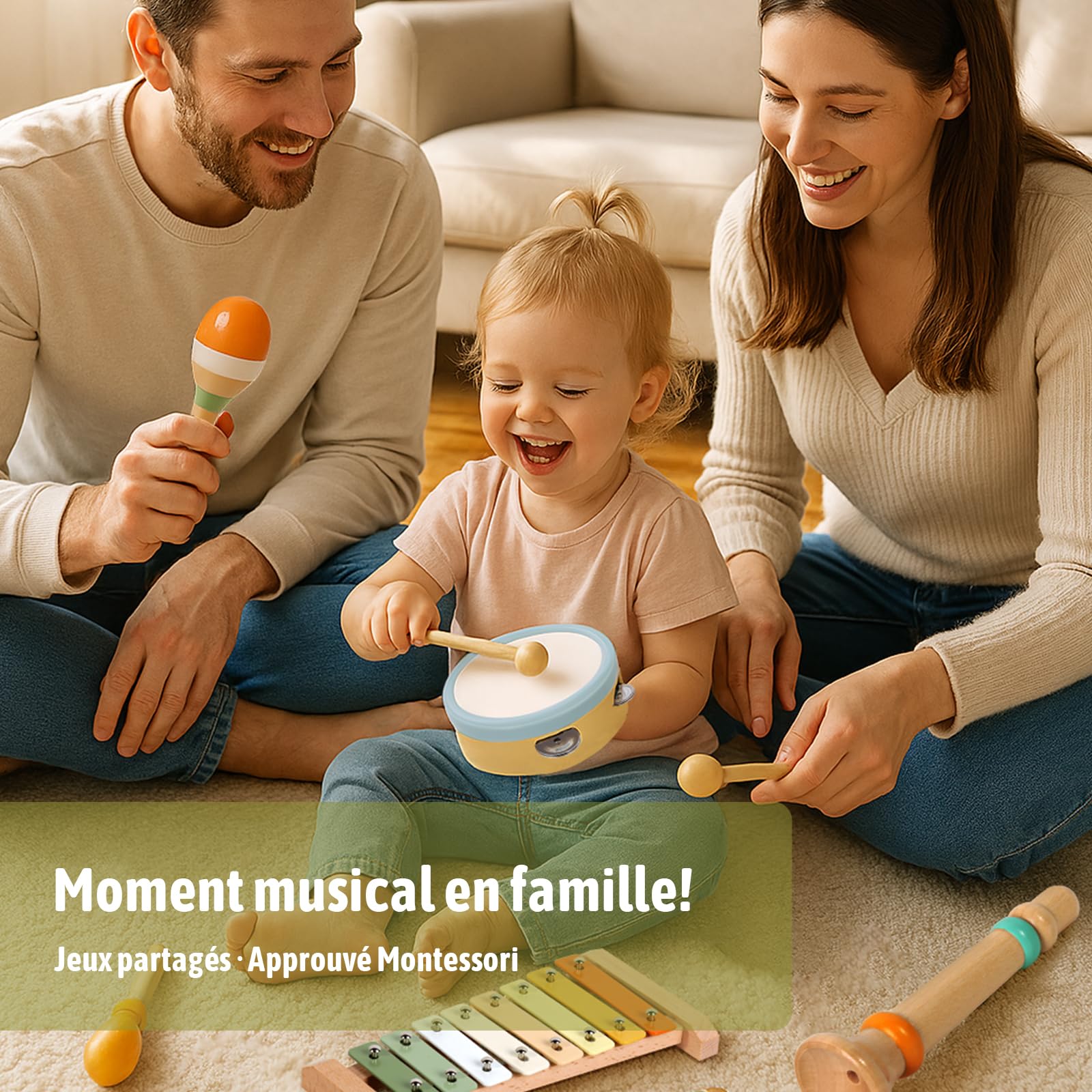 Instrument de Musique Enfant, Jouet Bebe Musique Montessori, Batterie Xylophone Maracas Jouet Enfant en Bois, Instrument Percussions Cadeau Garçons Fille 1 2 3 an