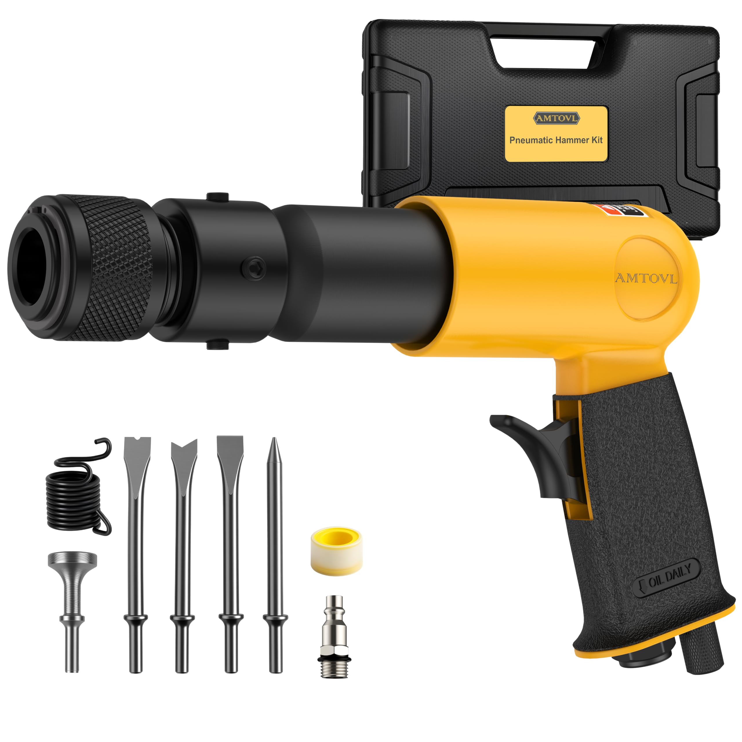AMTOVL Air Hammer - Long Barrel Air Chisel Hammer with Qick Change Retainer and 5PCS Chisels, 190mm Pneumatic Hammer, 2500 BPM, 3-5/8 Inch Stroke for Shoveling and Cutting