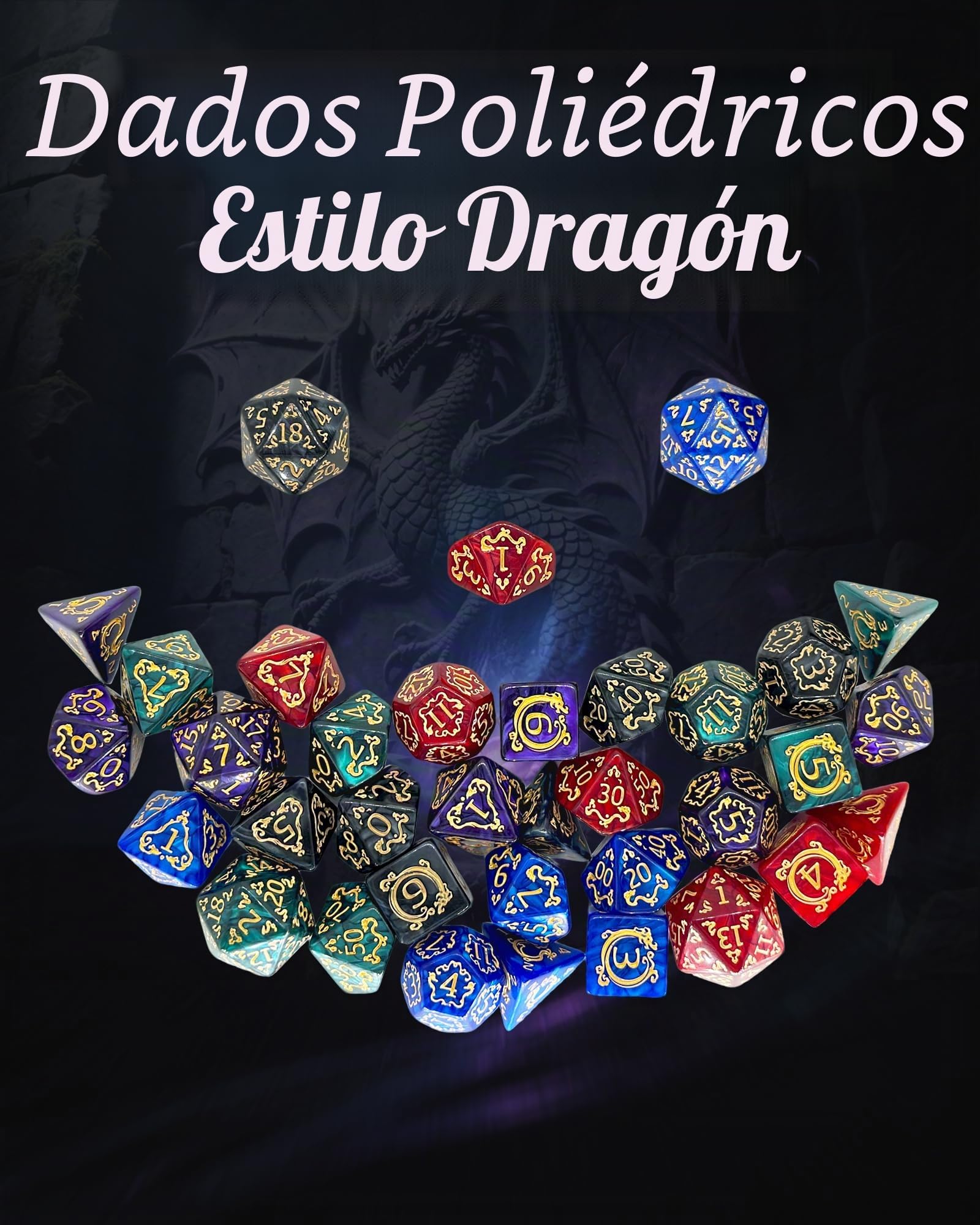 Juego de Dados Poliédricos, 35 Piezas - 5 Sets de Dados de rol con 1 Bolsa para Dungeons and Dragons D&D RPG MTG Juegos de Mesa, Incluye D20, D12, D8, D6, D4, D10 (0-9) y D10 (00-90)
