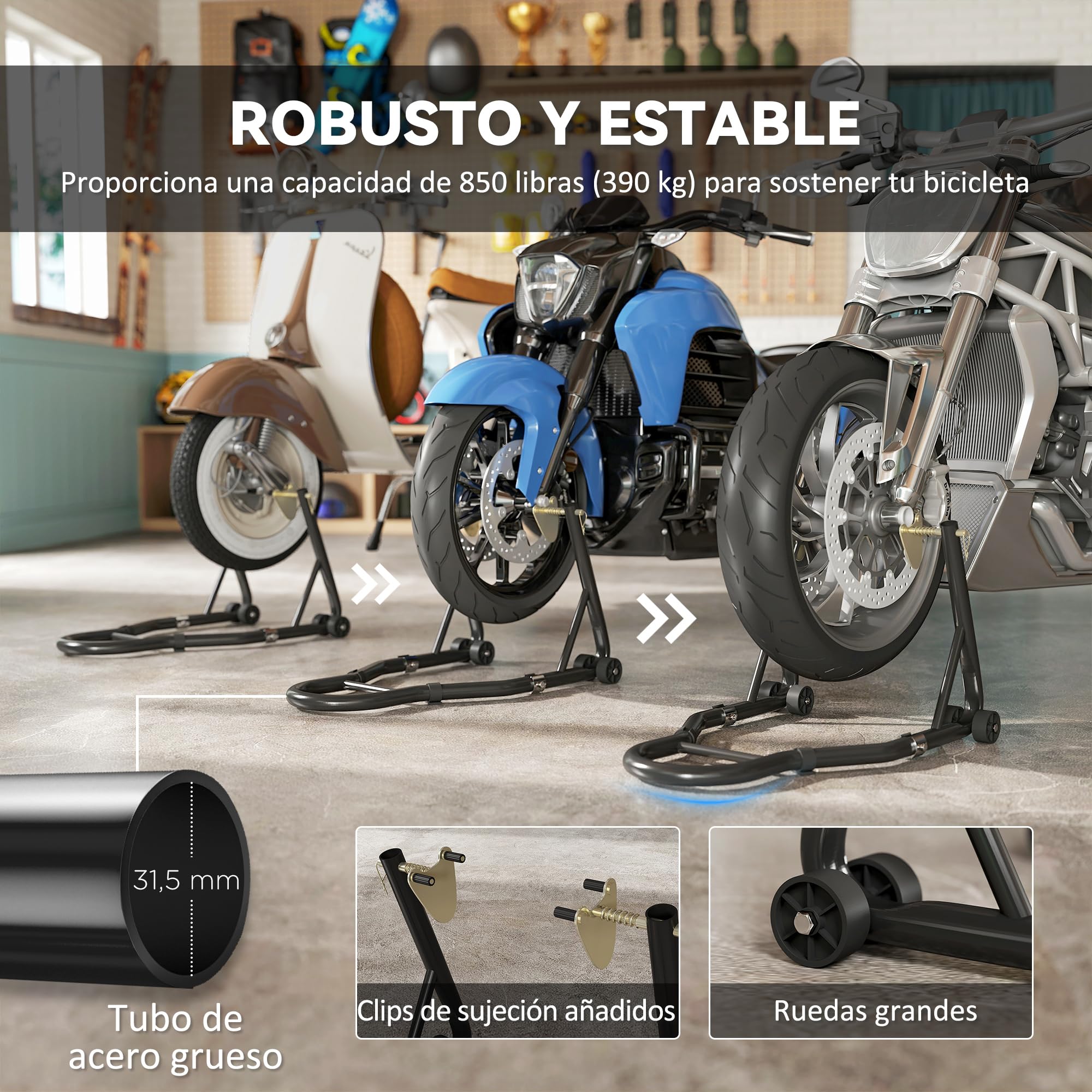 HOMCOM Caballete de Moto, Carga 390 kg, Soporte Delantero y Trasero Universal, Elevador de Moto de Acero con Horquillas Ajustables en U+L, Ruedas y Clips de Sujeción, Negro