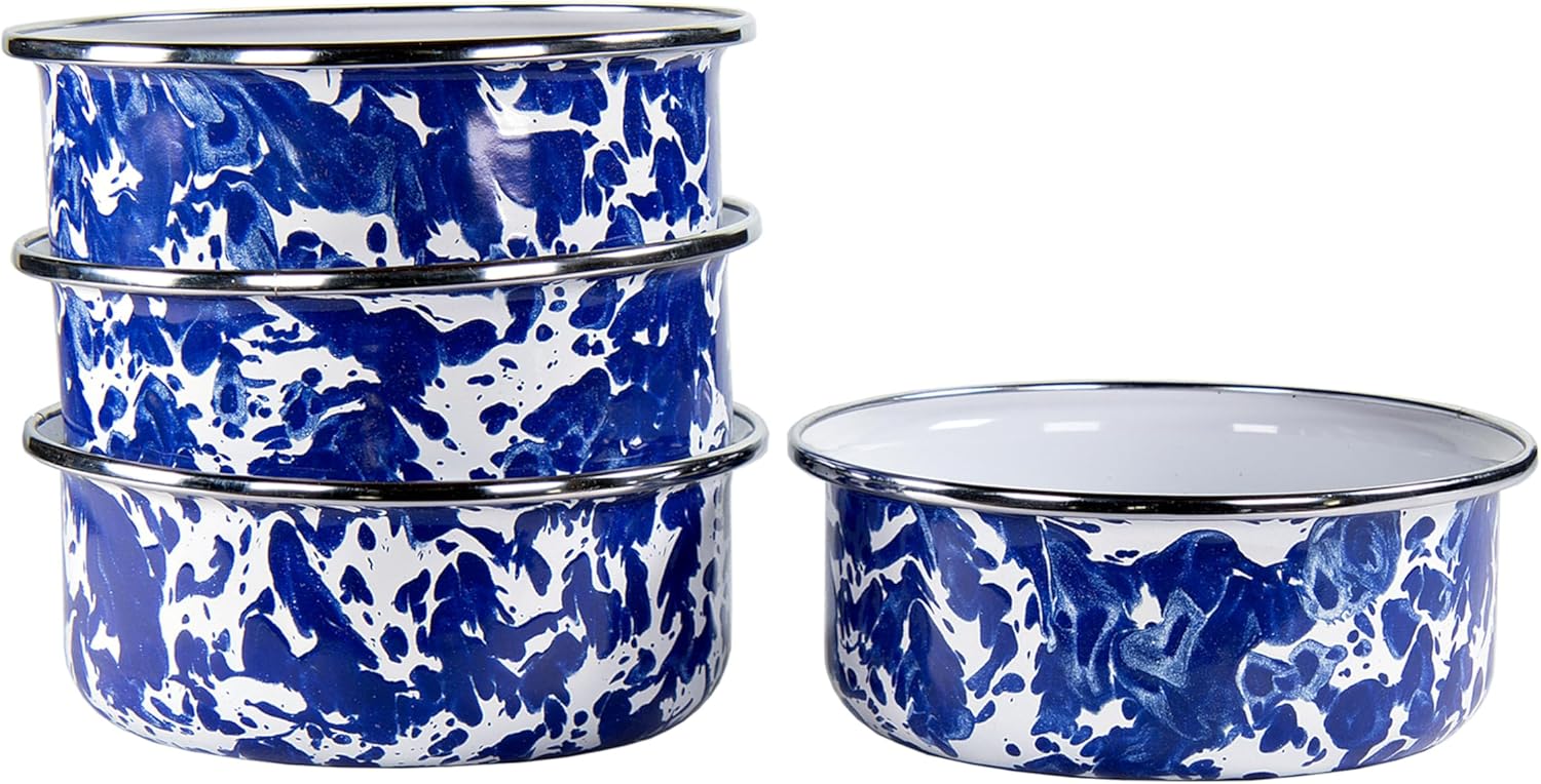 Set of 4 Blue Enamel Swirl Ceramic Soup Bowls
