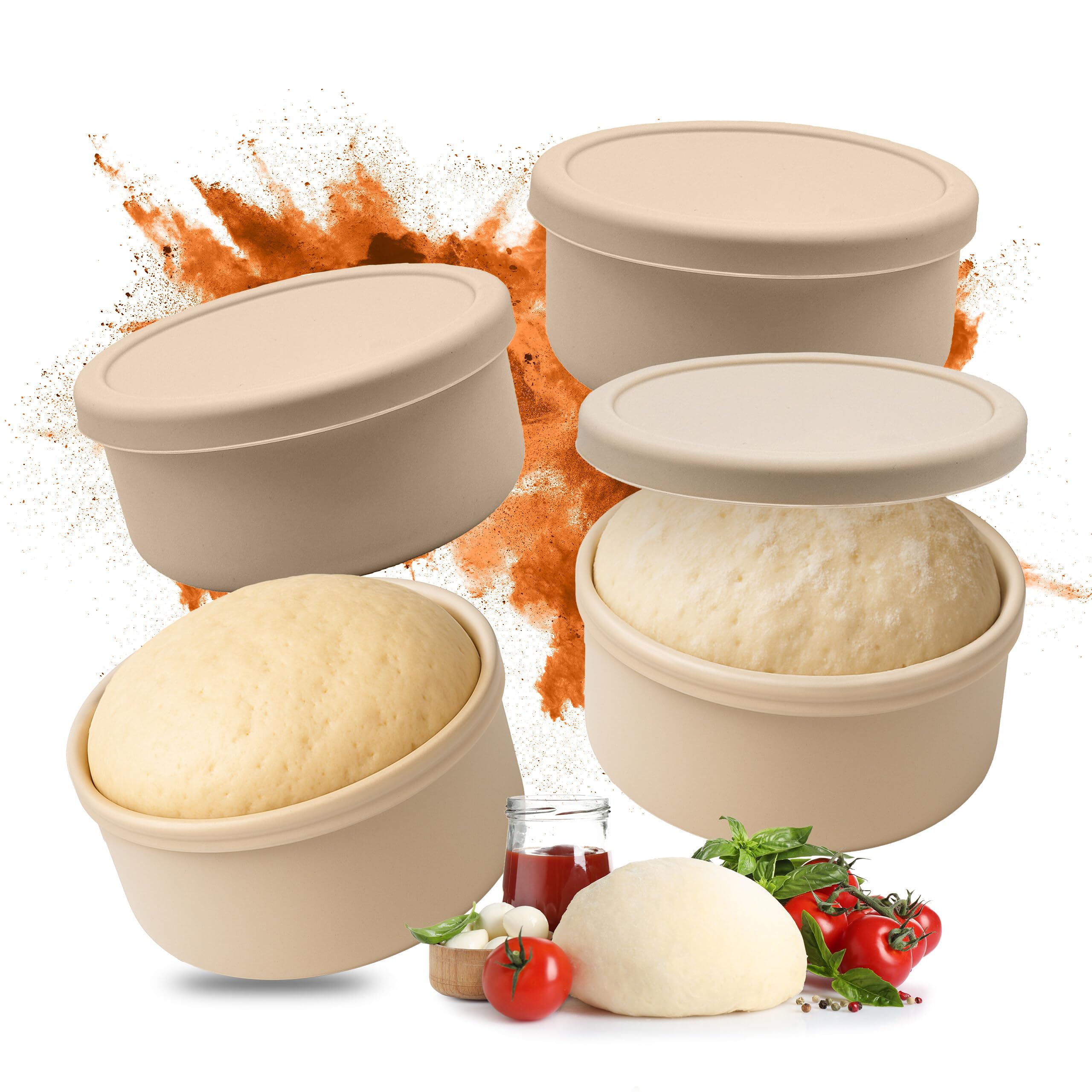Relaxdays Caja Pizzaballs, Set de 4, Silicona, hasta 350 g Masa, congelable, 6,5×14,5 cm, con Tapa, Beige