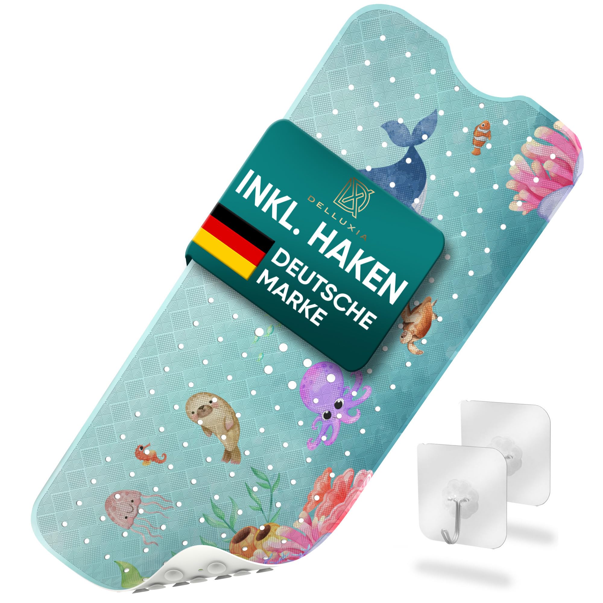 Delluxia Bath Mat Children's Non-Slip XL with Hanging I Odourless and BPA Free I Bathing Fun with the Non-Slip Mat Bathtub Children Colourful Non-Slip Bath Mat Ocean