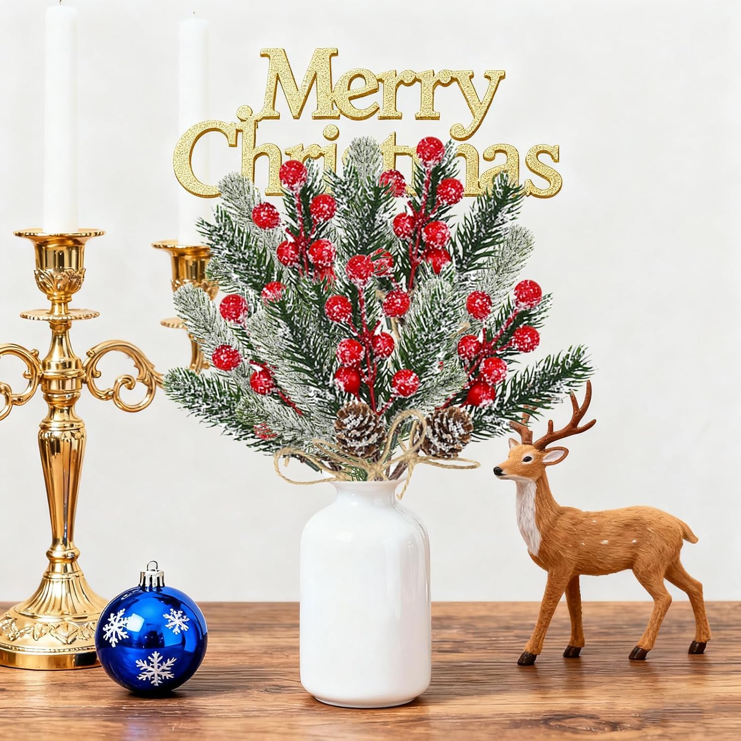 40 Pcs 8 inch Artificial Floral Picks Artificial Red Berry Picks and Pine Leaves for Vase Floral Arrangement Winter Decor