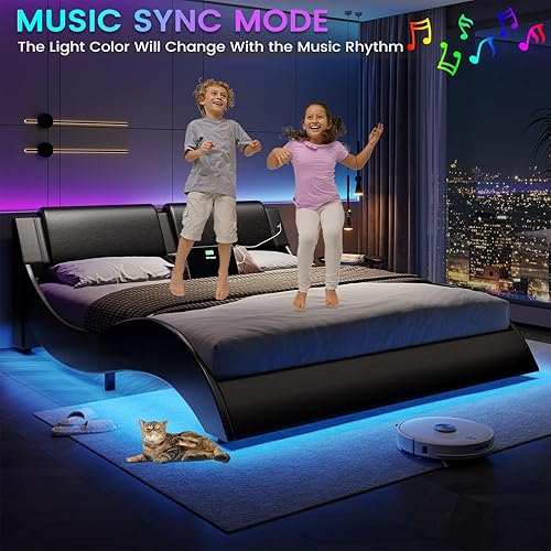 Miniatura 5 de DICTAC Base de cama Queen con luces LED y puertos de carga, moderna cama tapizada de piel sintética tamaño Queen con cabecero ondulado como curva de