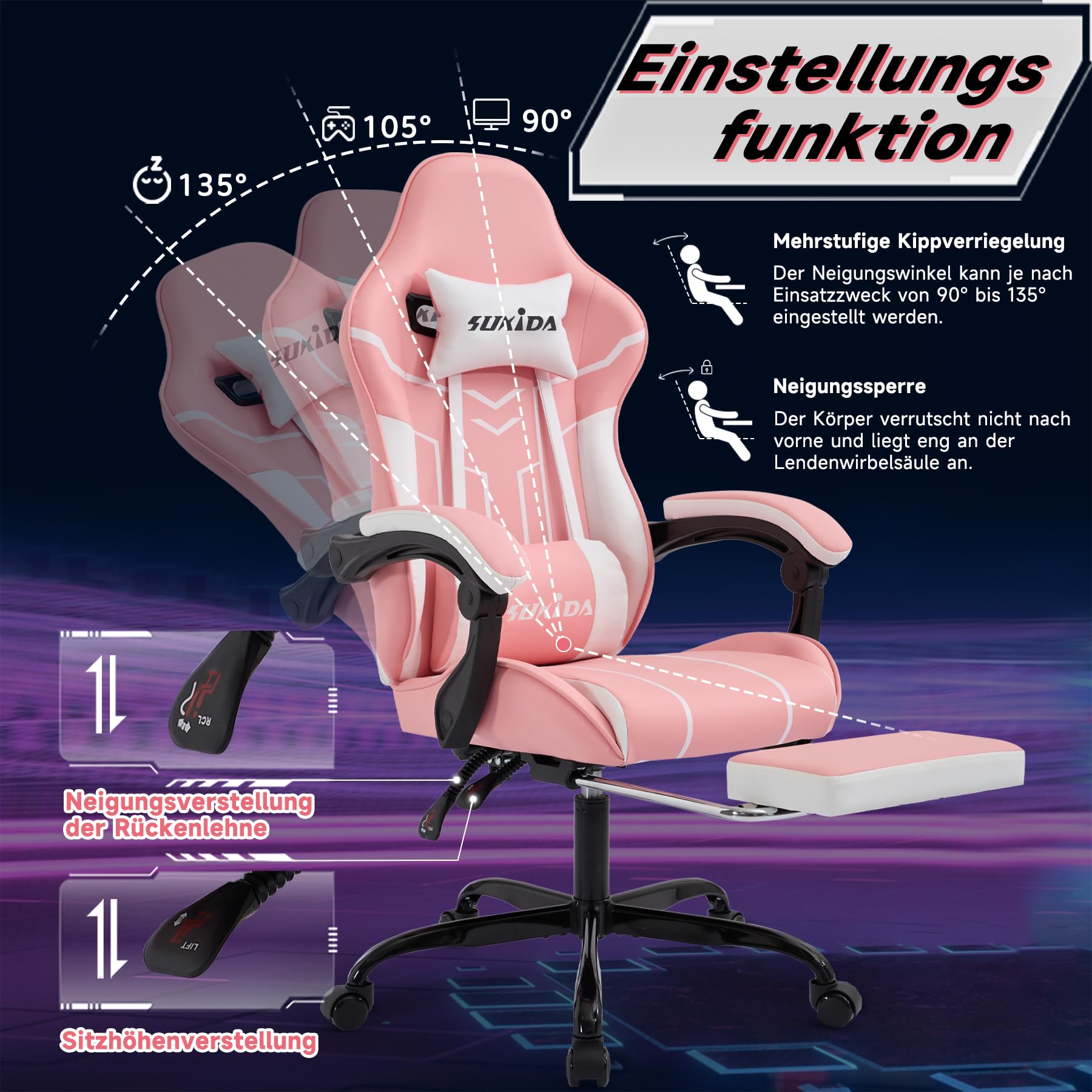 SUKIDA krzesło do gier komputerowych Ergonomiczny fotel do gier z podnóżkiem Biurowy fotel komputerowy Ergonomiczny fotel komputerowy z podparciem lędźwiowym Różowo-biały