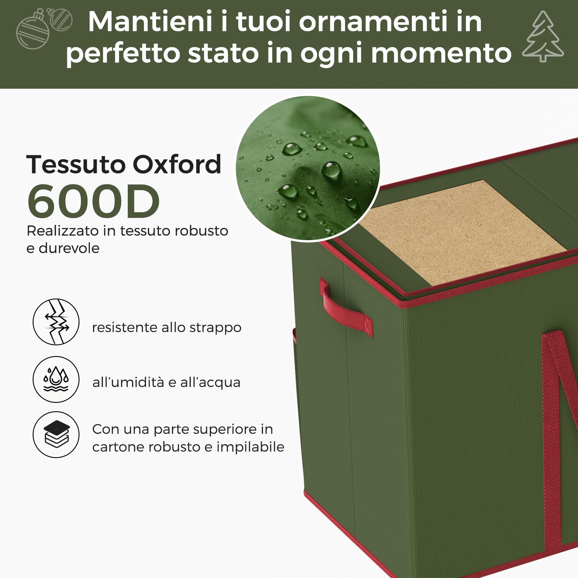Contenitore per Palline di Natale, 160 Scomparti da 7,6cm, Scatola Impilabile Decorazioni Natalizie con Coperchio, 600D Oxford, 64 x 32 x 43,5 cm，Verde