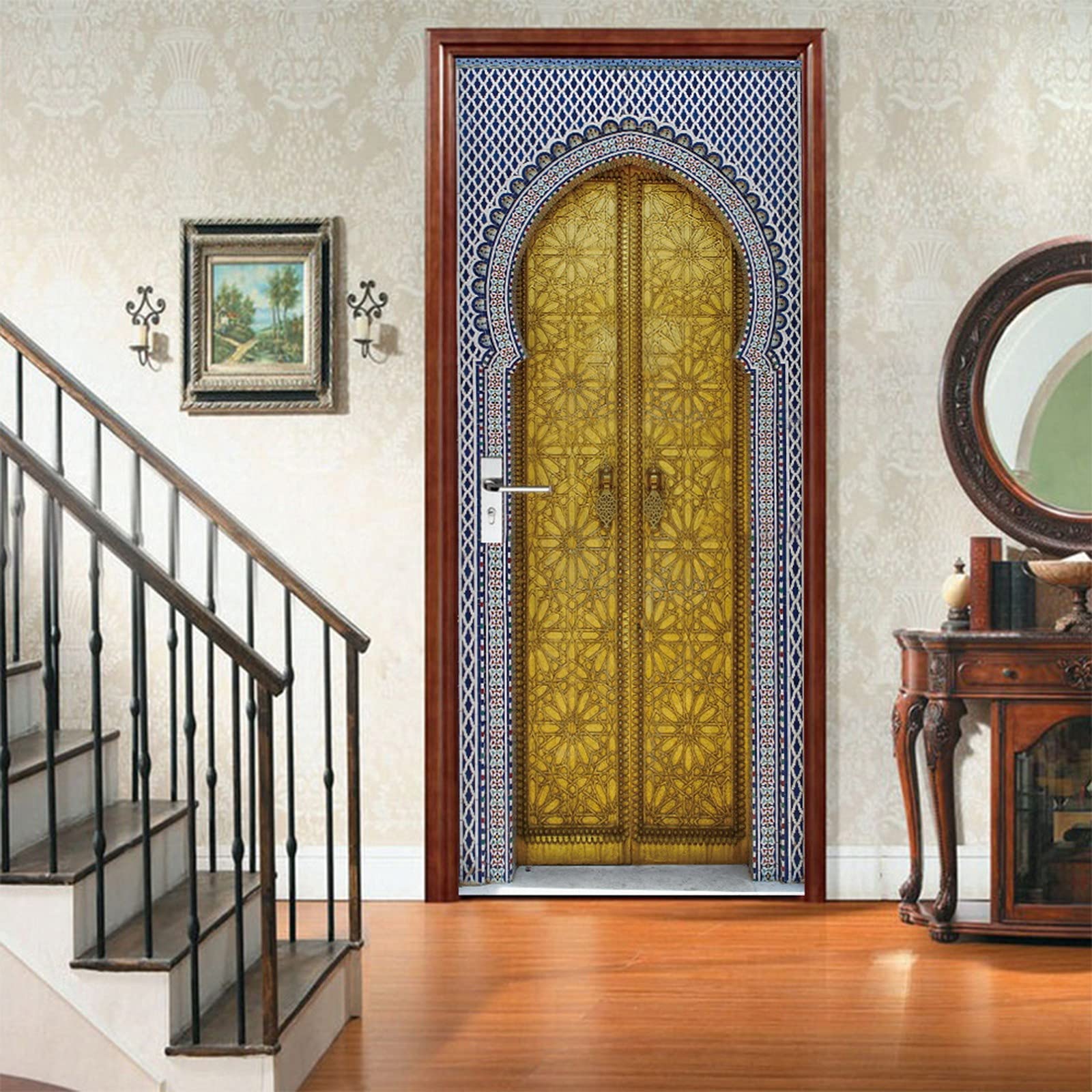 A.Monamour Adesivo Porta Autoadesiva Porta D'Oro Del Palazzo Reale Con Piastrelle A Mosaico A Fez In Marocco Vinile PVC Adesivi per Porte Interne 3D Pellicola Adesiva Poster Sticker Murale Parete