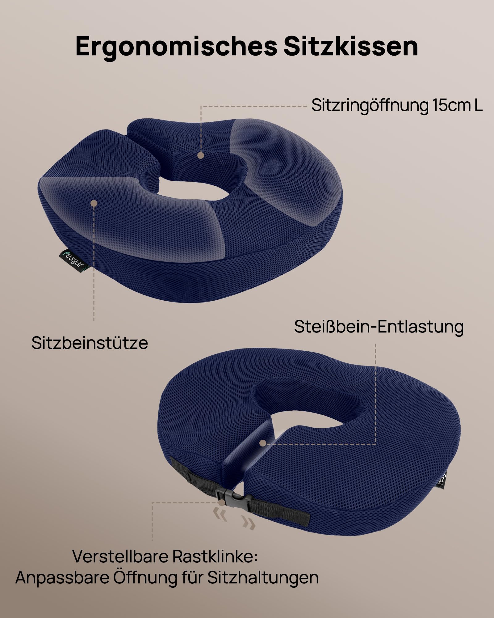 Feagar Cuscino Coxis Emorroidi in Memory Foam Cuscino Sedia Ufficio e Auto Driver Antidecubito con Anello Regolabile, Alleviare la pressione del coccige e Sciatica