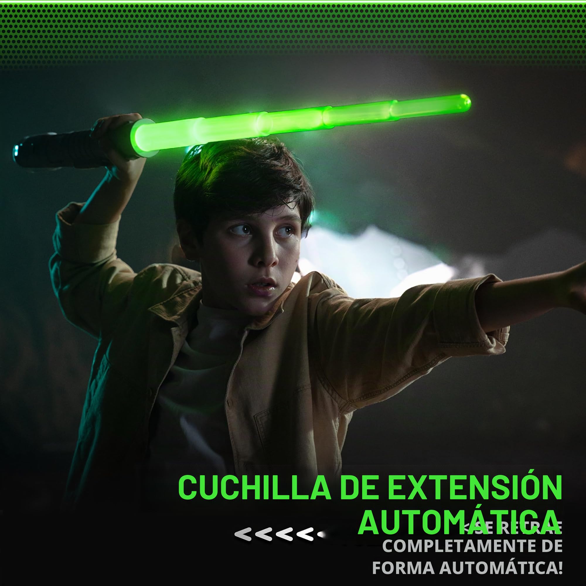 POWER SABER - Verde - Sable Láser para Niños y adultos a Partir de 6 Años - Extensible y Retráctil - Juguete Láser Luminoso Realista y Seguro - 30cm/Desplegado 89 cm - Caja Abierta