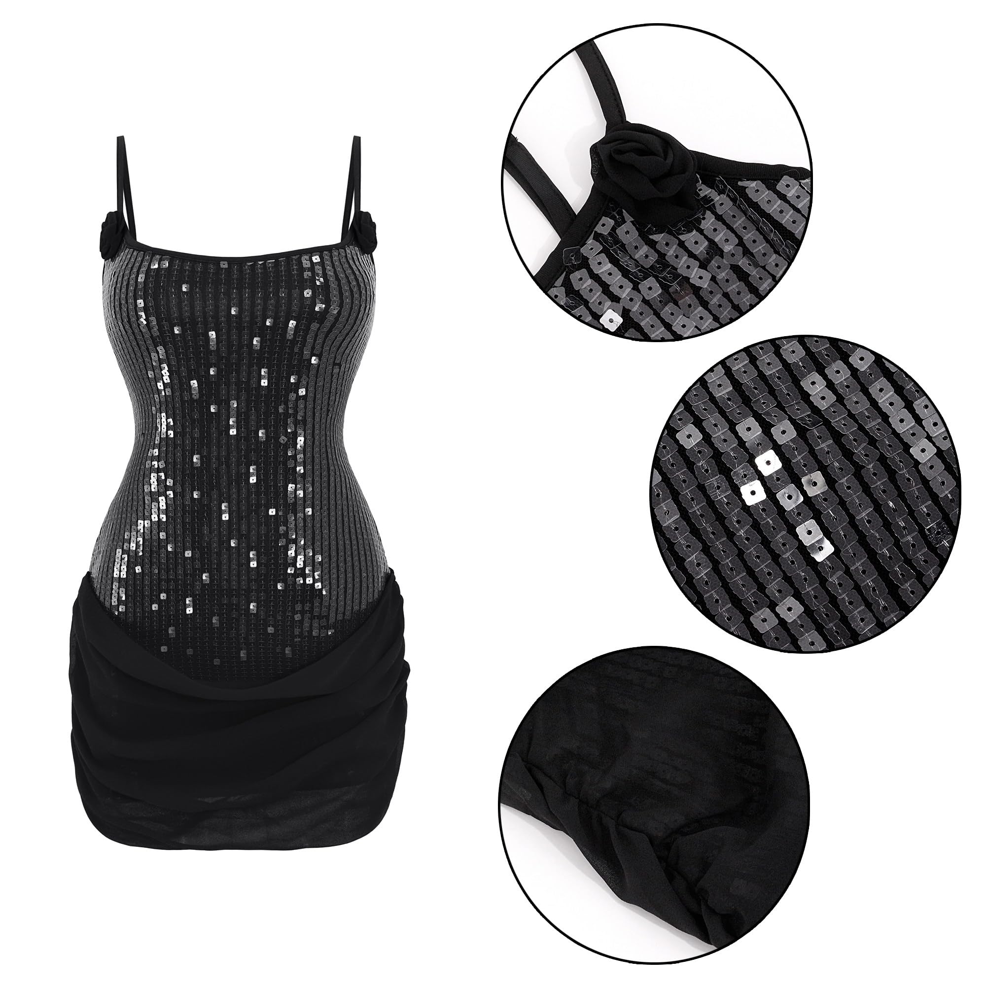 Mini abito da donna con paillettes, taglio basso, scollo a U | Abito aderente con spalline sottili, per feste di compleanno, cocktail, tinta unita, design increspato