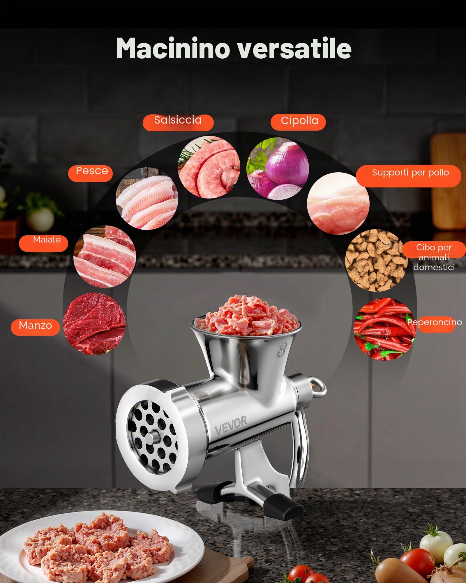 VEVOR Tritacarne Manuale con Manovella, Macchina Tritacarne per Salsicce in Acciaio Inox 304 con Morsetto da Tavolo, Insaccatrice per Salsicce con Piastre di Taglio (4,5/8 mm)