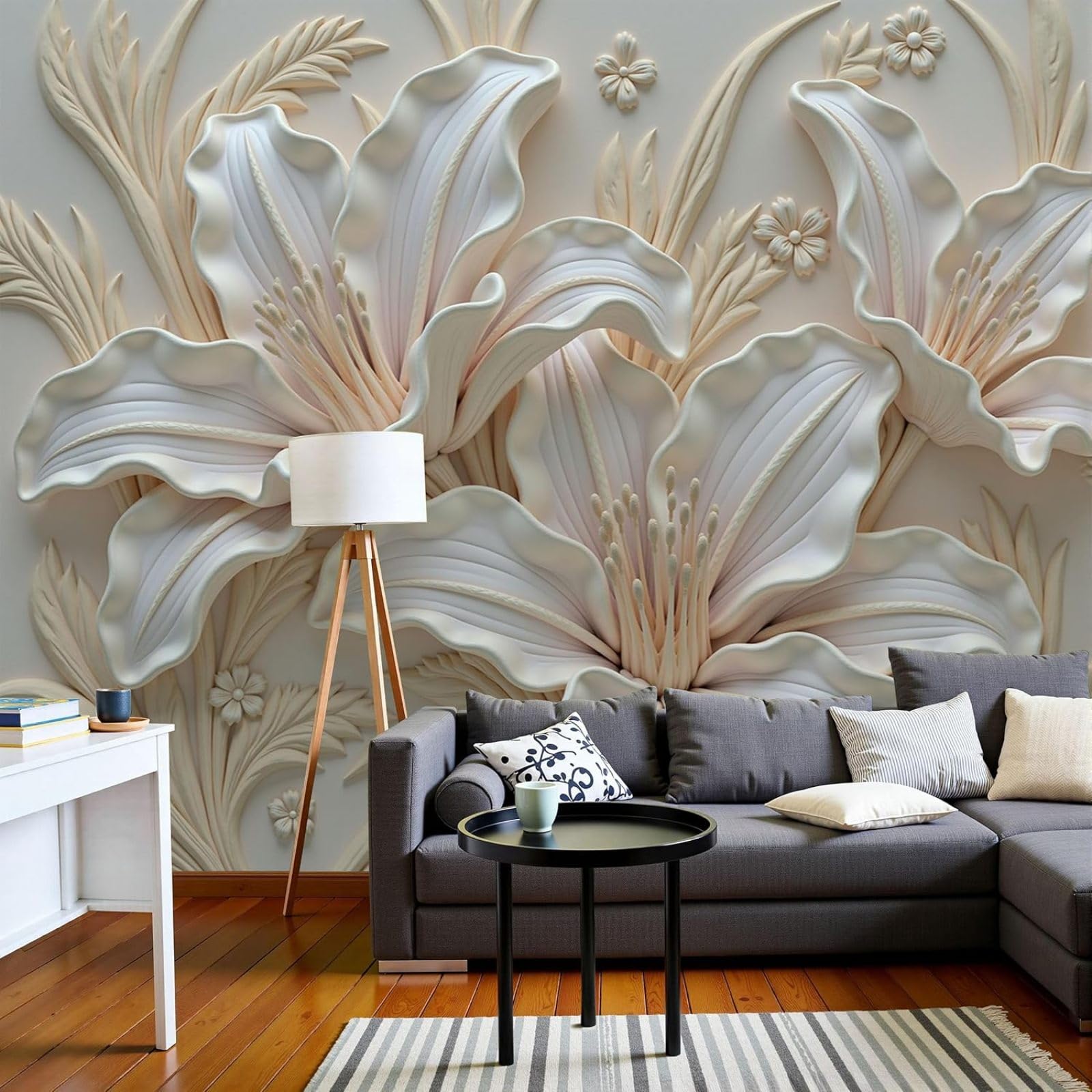 Non-woven photo wallpaper with relief lilies, three-dimensional plaster flower wall mural, for living room, hallway, TV background, XL poster, cream, 350cm x 256cm, stickers - frameless painting - pos
