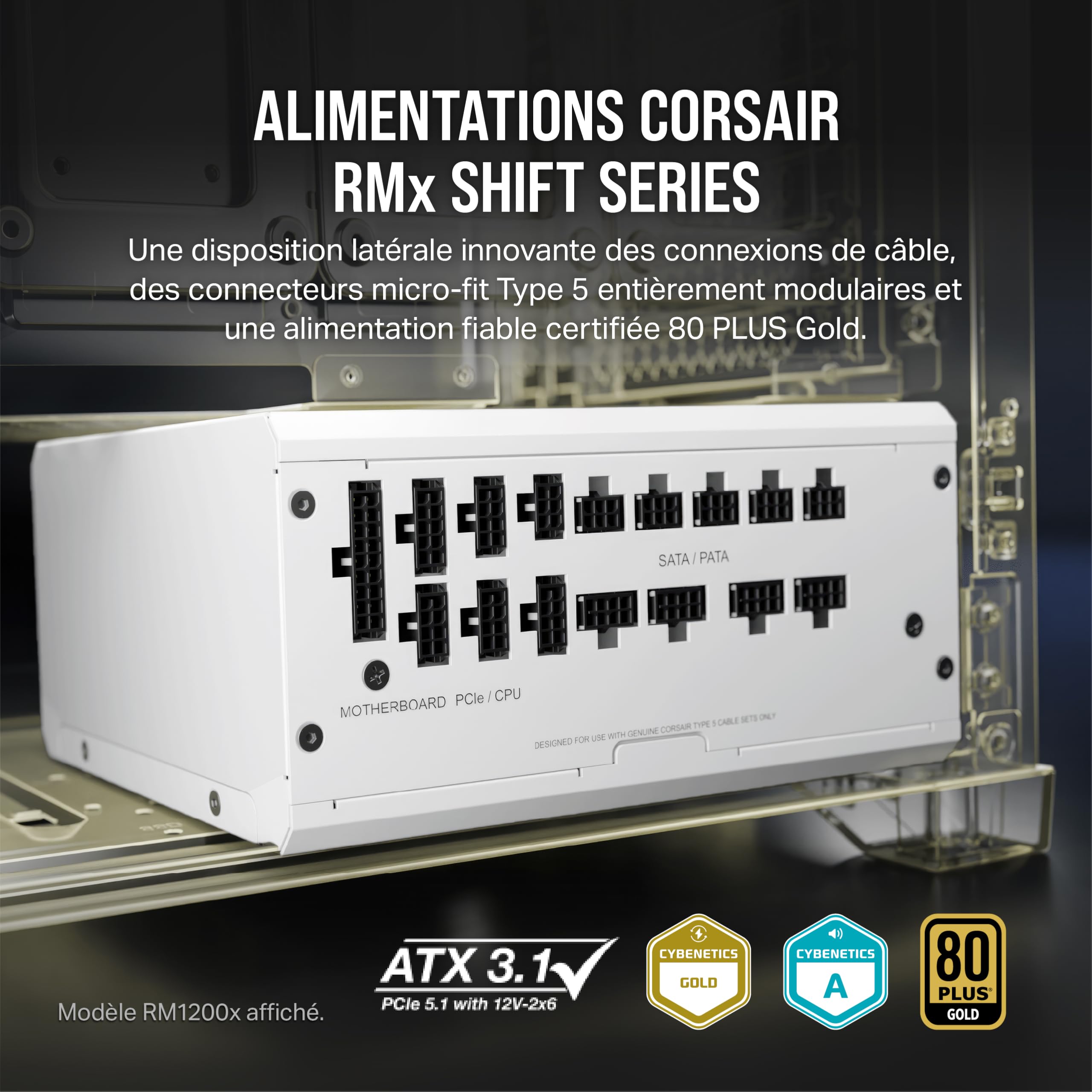 Corsair RM850x SHIFT Alimentation ATX Entièrement Modulaire - Interface Latérale Modulaire - Compliant ATX 3.1 & PCIe 5.1 - Condensateurs Évalués à 105°C - Efficacité 80 PLUS Gold - Blanc