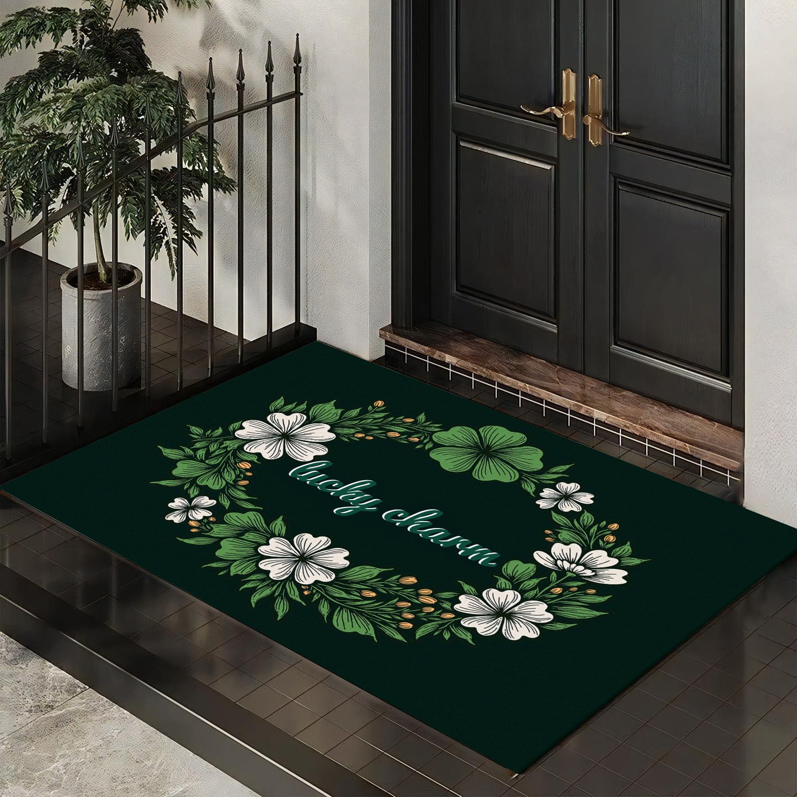 Tapis couronne de trèfle vintage : paillasson antidérapant lavable anti-salissure