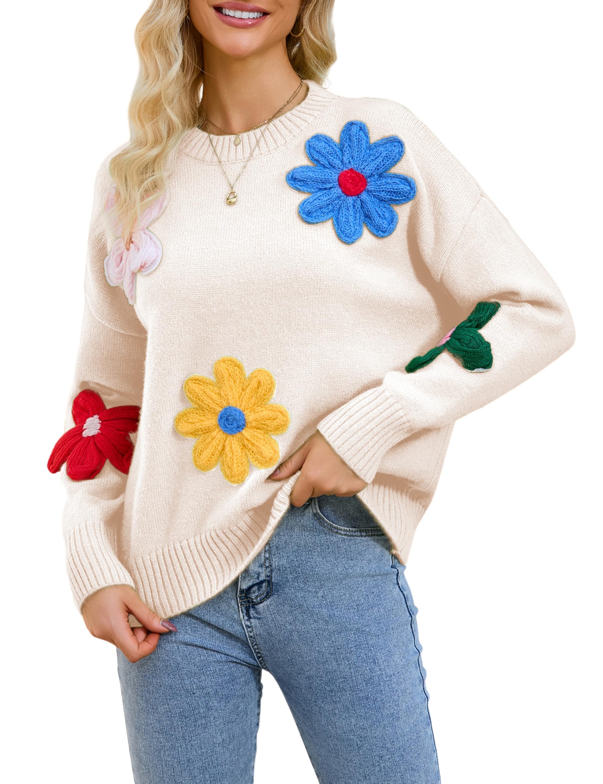 Women Floral Sweater Long Sleeve Round Neck Casual Lounge Colorful Flower Knit Pullover Top White-L