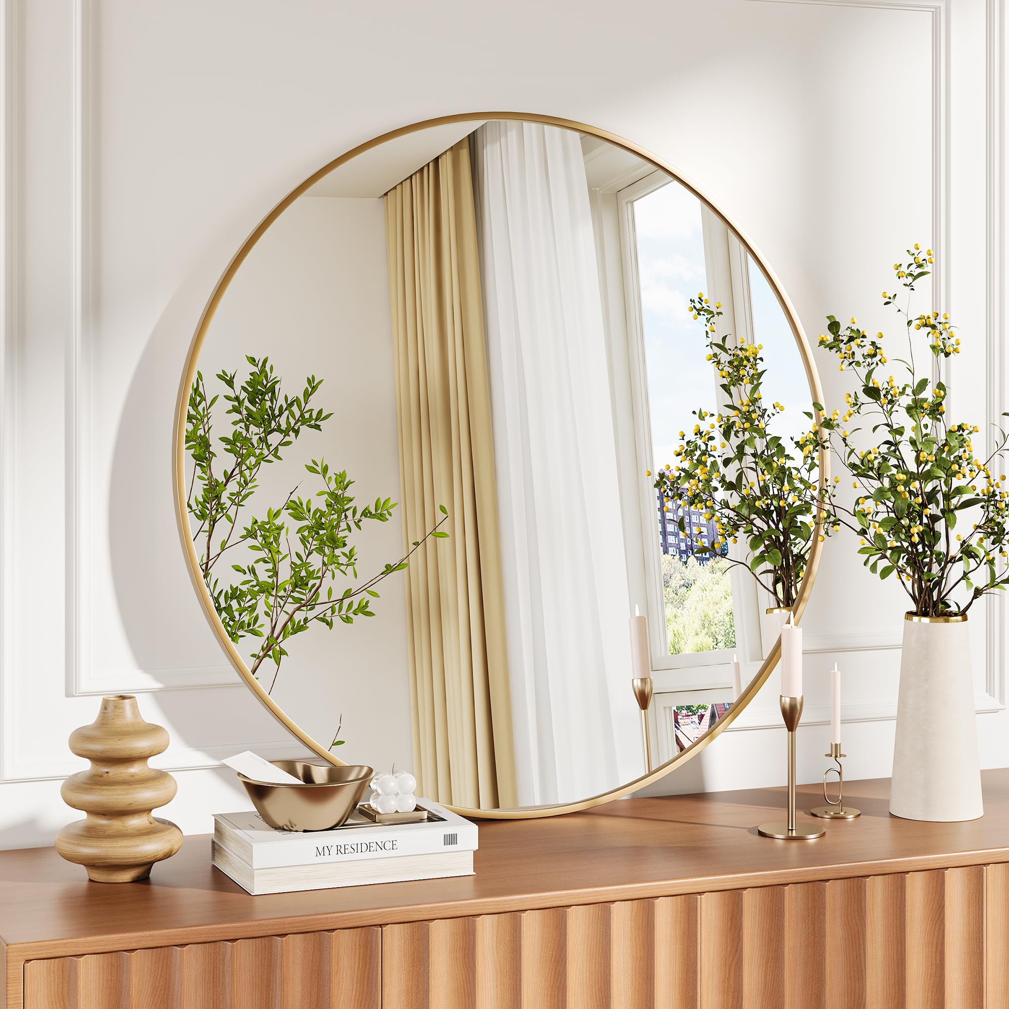 36 Gold Round Mirror for Wall Large Circle Bathroom Mirror Matte Gold Metal Frame HD Eco-Friendly Glass Contemporary