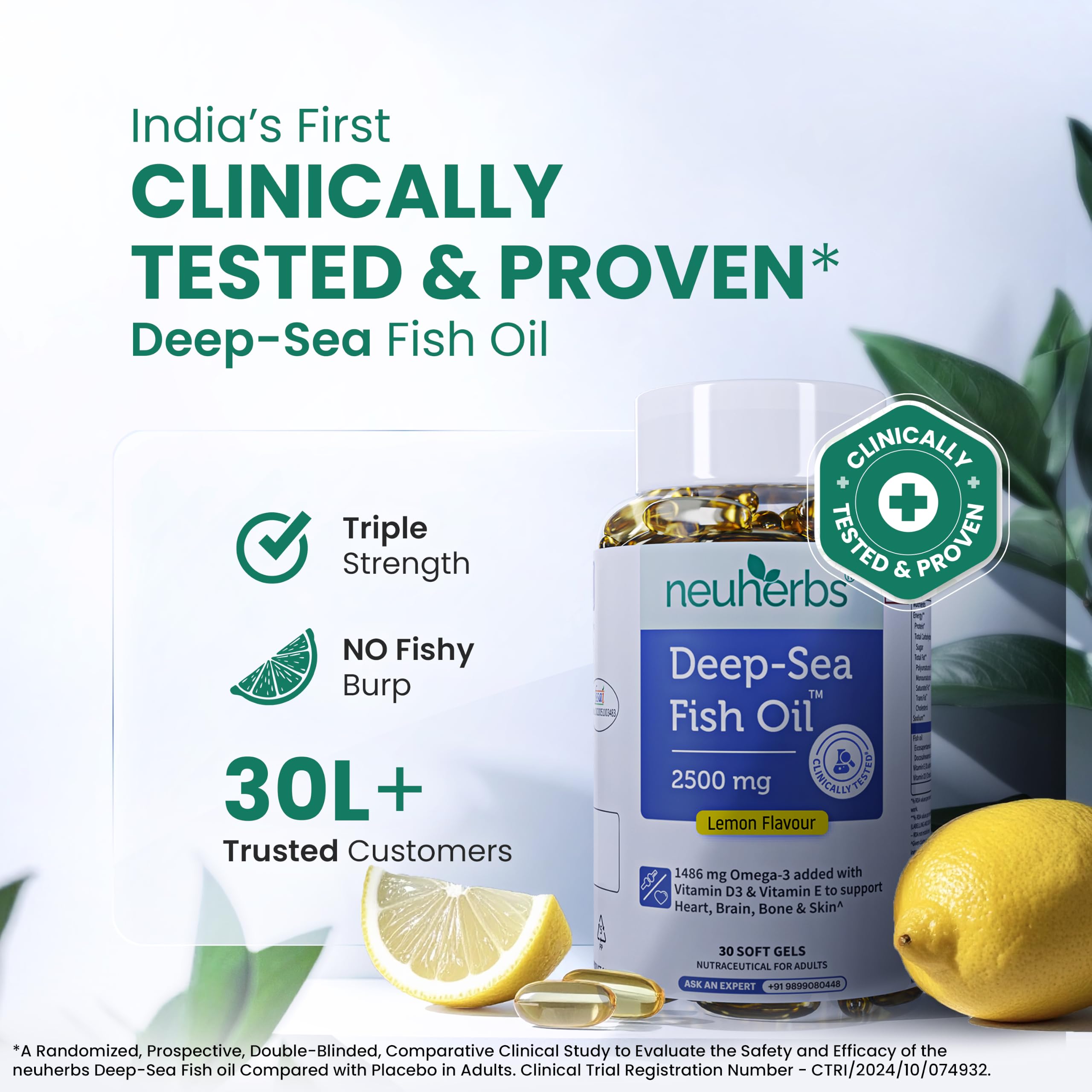 Neuherbs Deep Sea Omega 3 Fish Oil 30 Softgels, Omega 3 Supplement Triple Strength 2500 Mg for Muscle, Joints, Heart & Cognitive Support, No Fishy Burps with Lemon Flavour, 1 count, 30 capsules — Amazon image 2