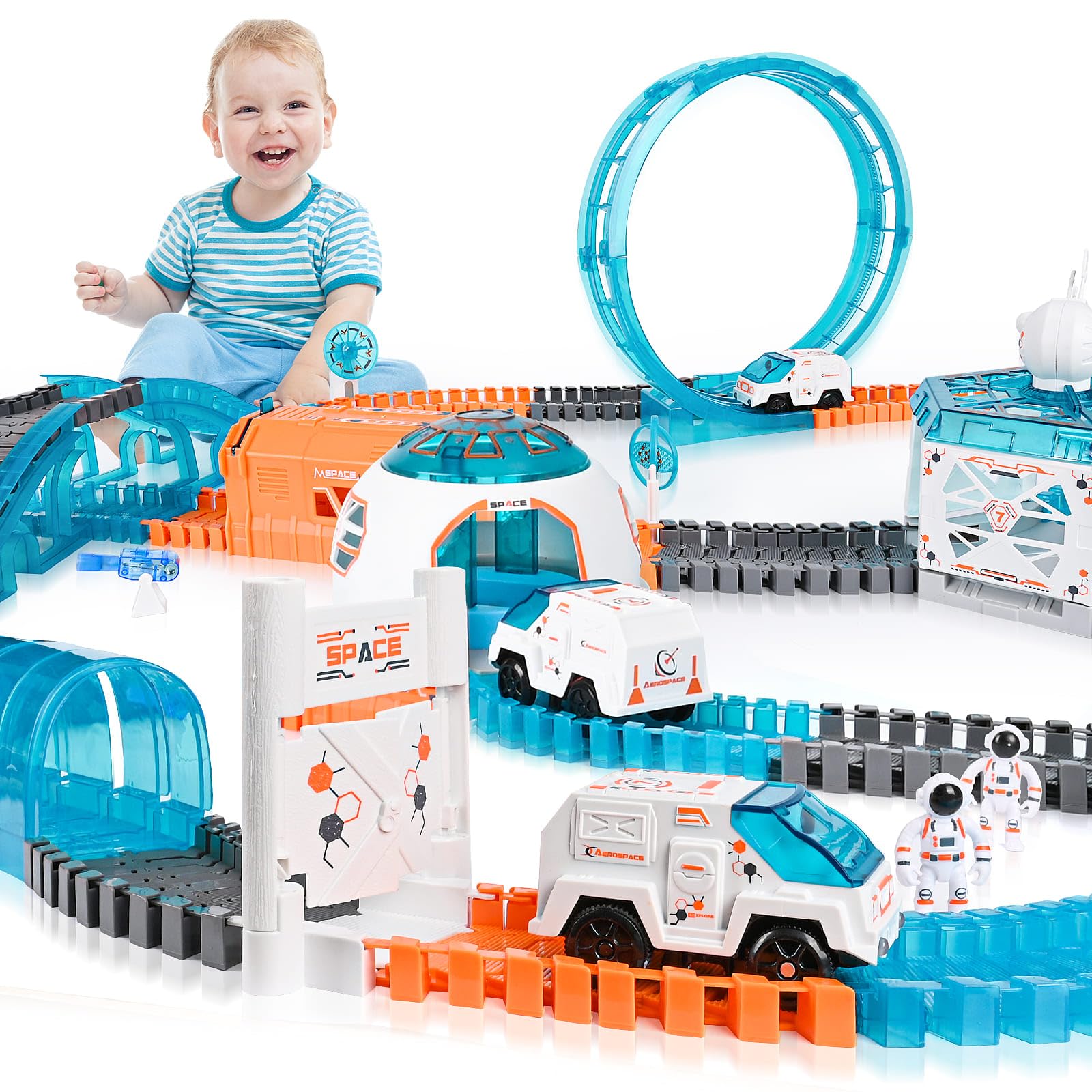 Weinsamkeit 232 Piezas Pista de Coches Espacial, Juguetes de Circuito Coches Flexible con 1 Coche Eléctrico y Cápsula Espacial Giratoria, Juguete de Carril Espacial para Niños de 3, 4, 5, 6 Años