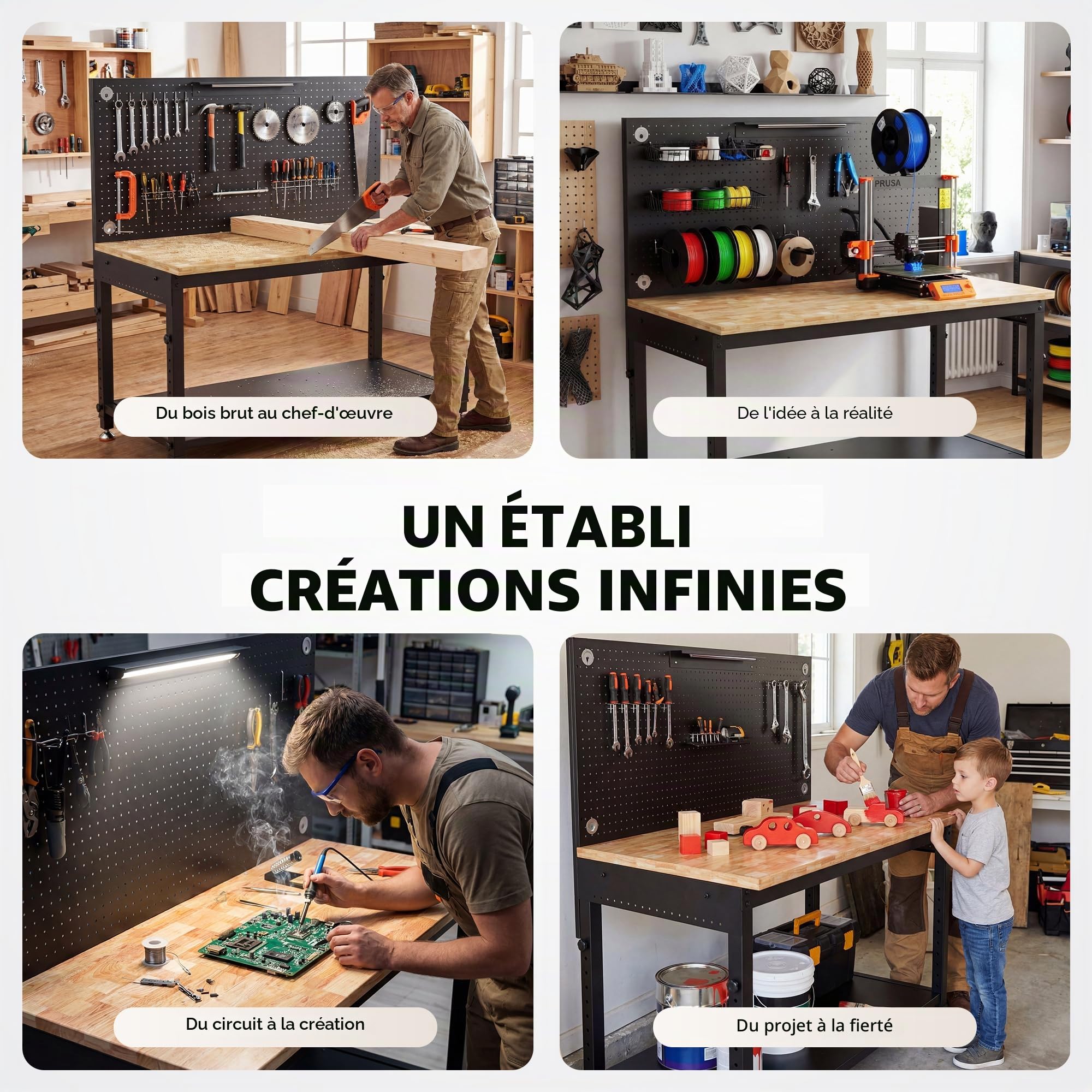 Établi Atelier Garage avec Table de Travail 122 x 60 cm | Charge de 907 kg, Plateau en Bois de Caoutchouc, 10 Hauteurs Réglables, Panneau Perforé avec Éclairage LED