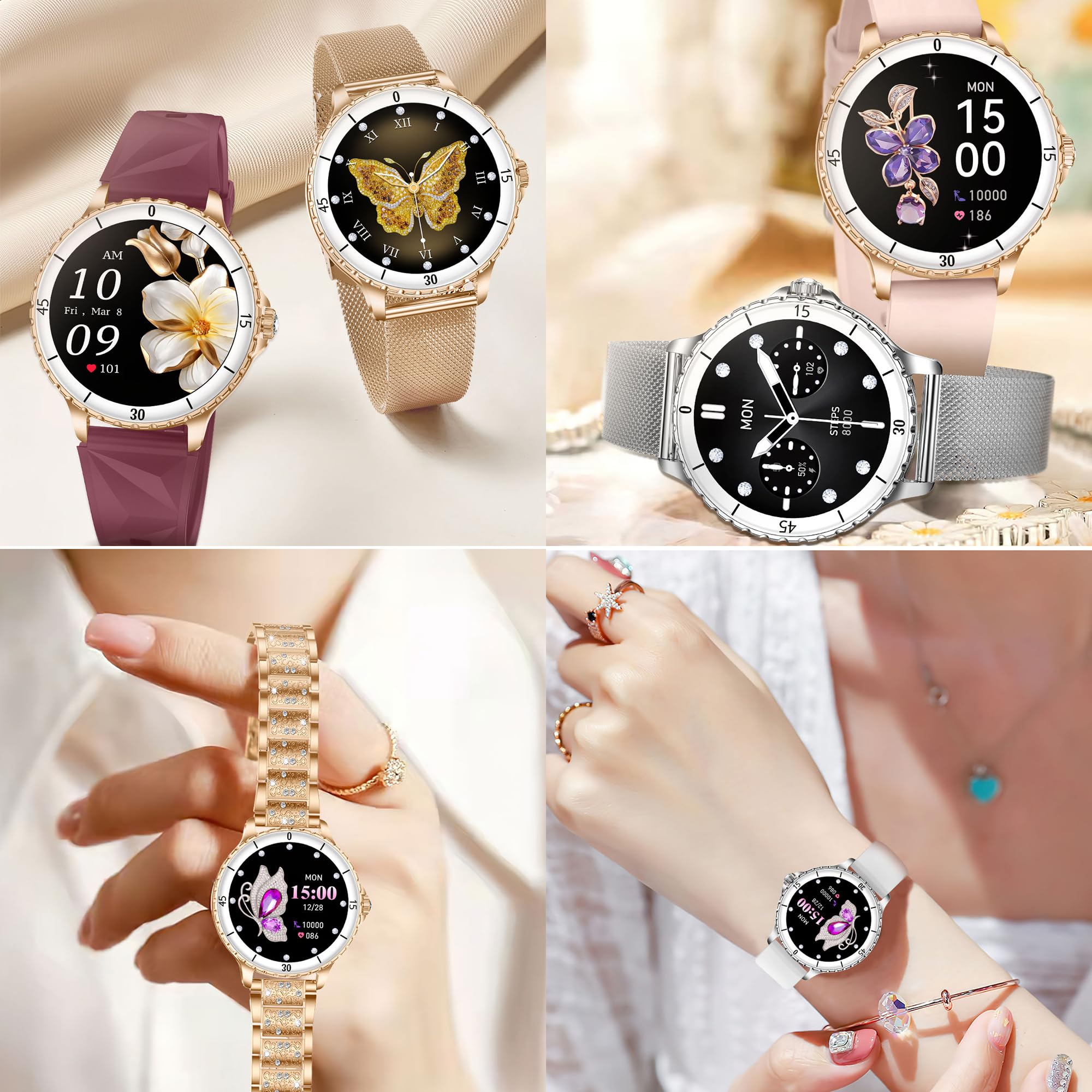 1,27-calowy AMOLED Smart Watch dla kobiet z funkcją Bluetooth, zegarek fitness z 24/7 monitorem temperatury ciała, snem i pulsometrem, monitor SpO2, zegarek sportowy 3ATM iOS Android (złoty)