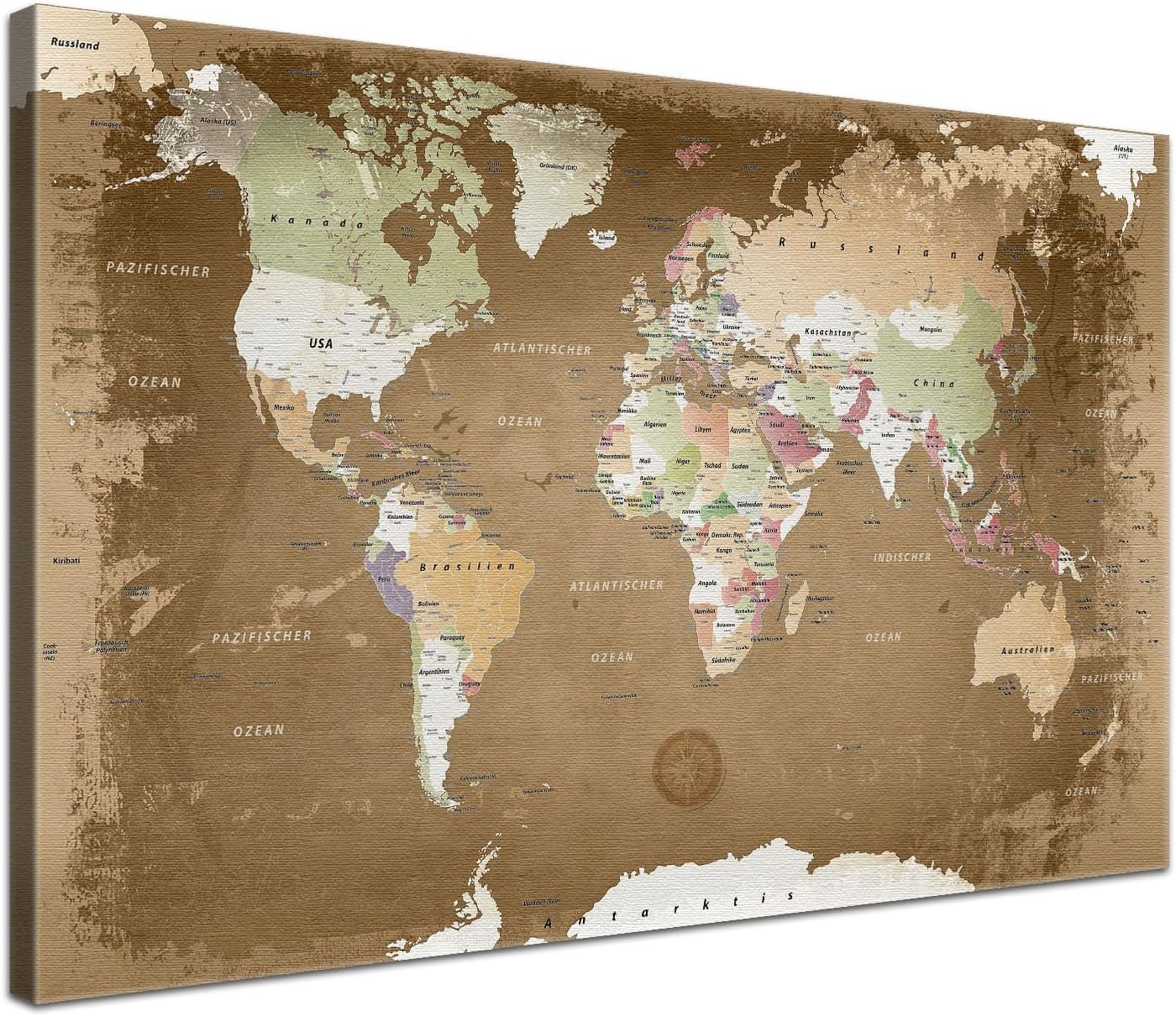 LanaKK Old Style World Map Canvas Print on Stretcher Frame with Cork Back, brown, 120 x 80 cm, 1-piece