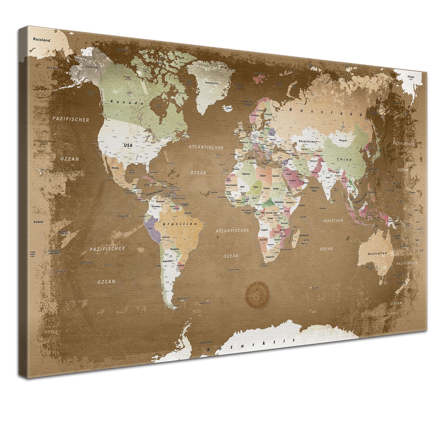 LanaKK Old Style World Map Canvas Print on Stretcher Frame with Cork Back, brown, 120 x 80 cm, 1-piece