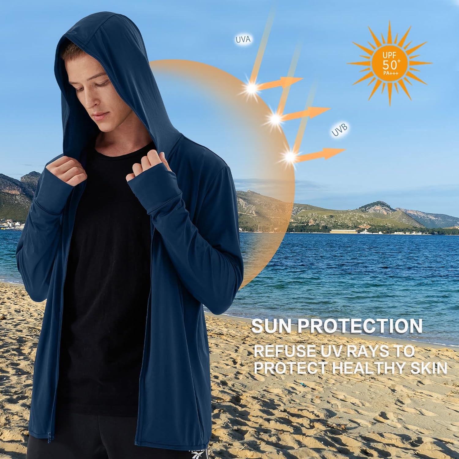 Corna Men's Lightweight Hoodie, Sun Protection Full Zip Hooded Jackets with Thumb Holes - Image 3