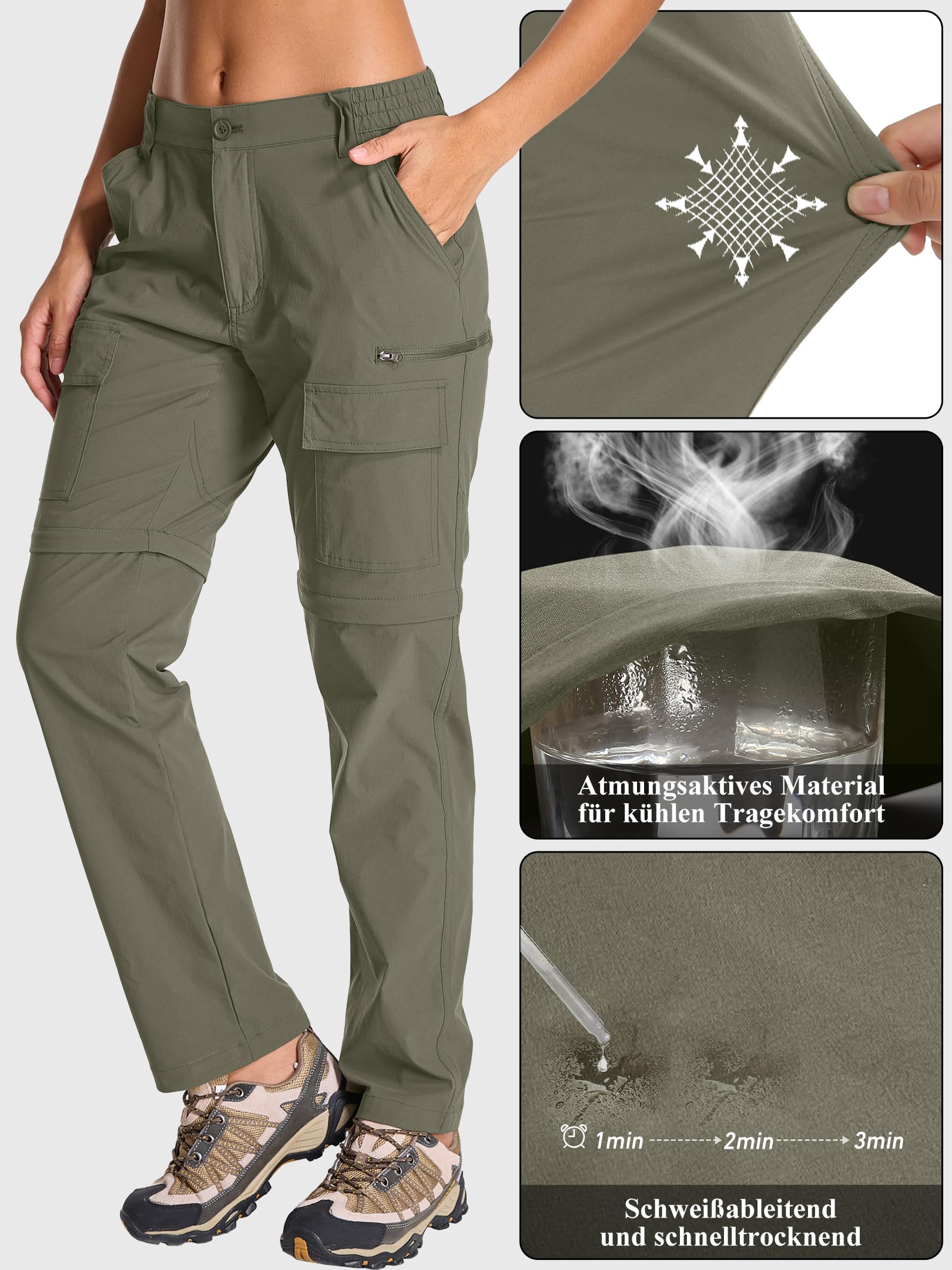 Damen Zip-Off-Wanderhose, Leichte Trekkinghose Atmungsaktiv Schnell Trockend Safari outdoorhosen Sommer Arbeitshose Funktionshose