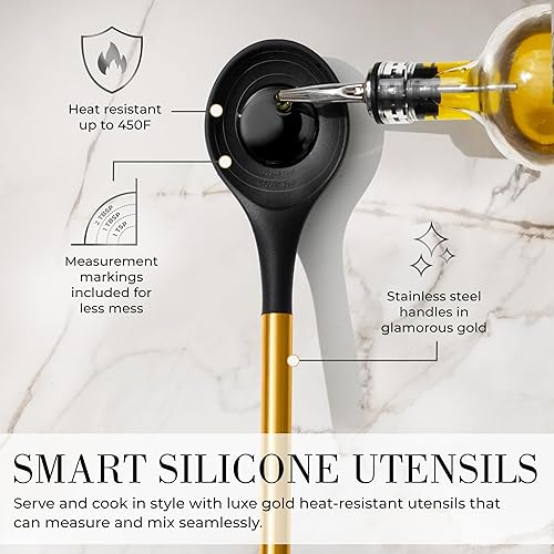 Miniatura 6 de Juego de utensilios de cocina negros y dorados, paquete de 9 piezas con soporte dorado para utensilios, cuchillo de chef y soporte de cuchara de