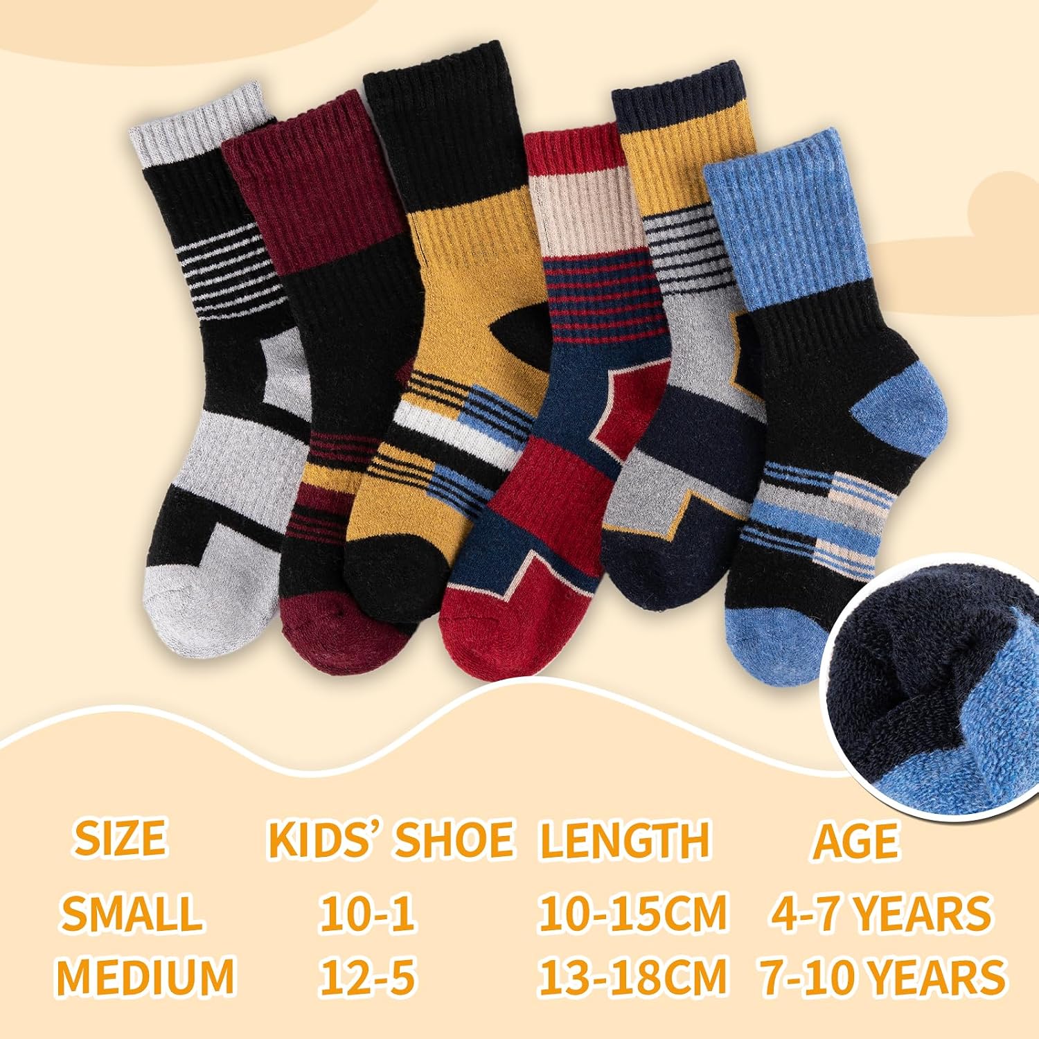 Comfoex Kids Wool Socks for Boys Girls Winter Warm Thermal Thick Cozy Socks 4-6 6-8 8-10 Years Old 6 Pairs